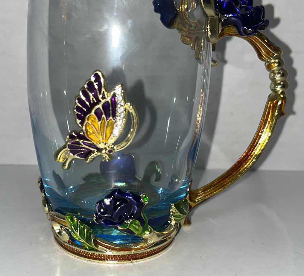 Photo 3 of BLUE ROSE ENAMEL COLOR CRYSTAL GLASS CUP W JEWELED BUTTERFLY H5” & TEASPOON