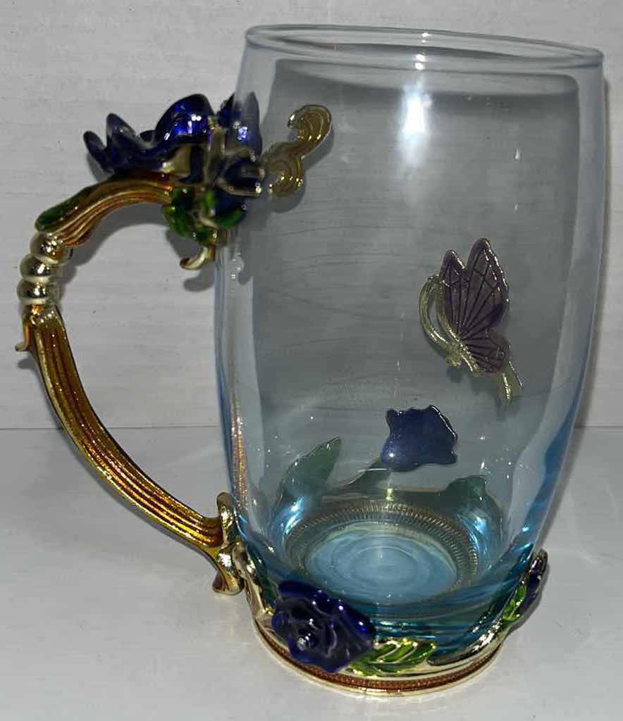 Photo 4 of BLUE ROSE ENAMEL COLOR CRYSTAL GLASS CUP W JEWELED BUTTERFLY H5” & TEASPOON