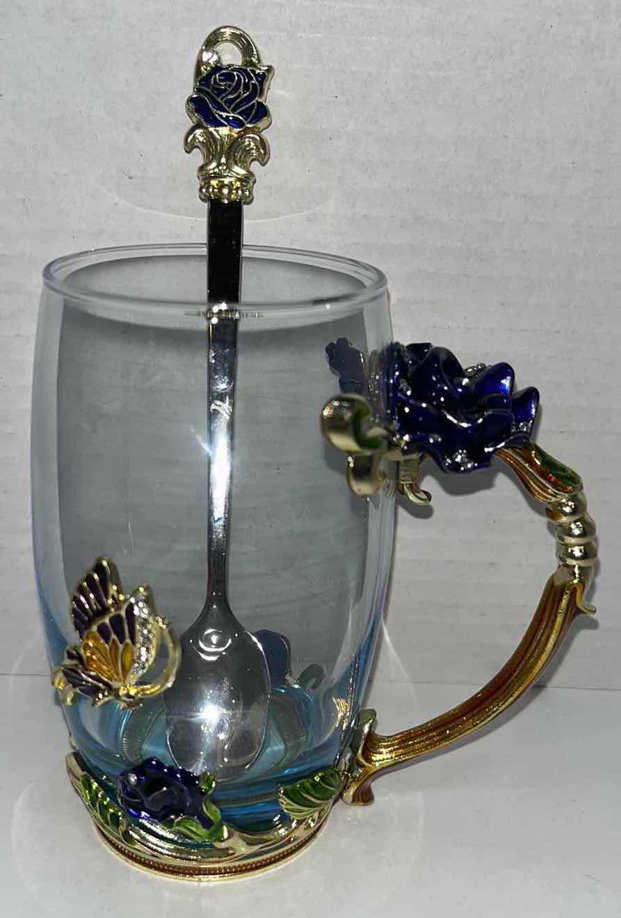 Photo 1 of BLUE ROSE ENAMEL COLOR CRYSTAL GLASS CUP W JEWELED BUTTERFLY H5” & TEASPOON