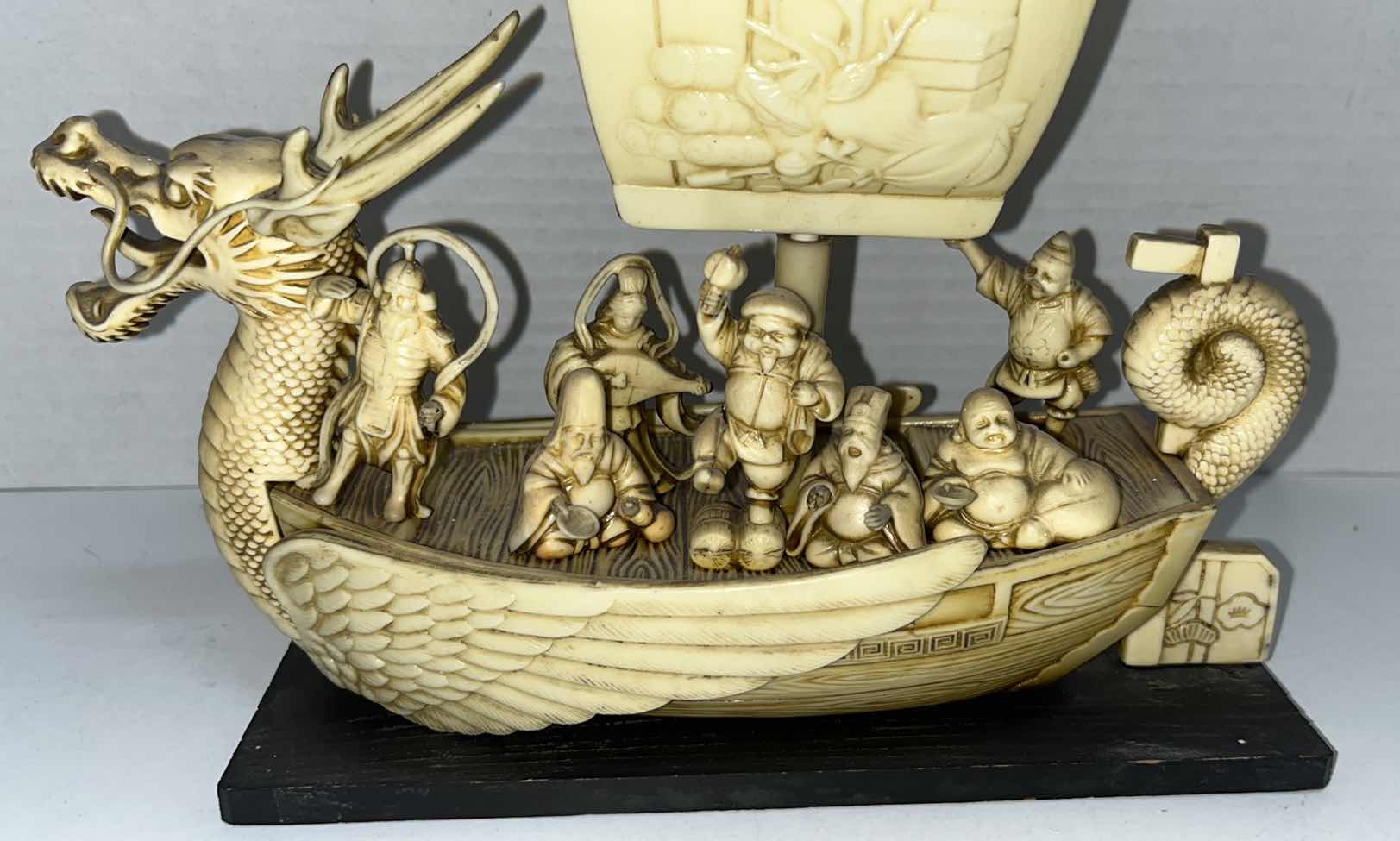 Photo 2 of VINTAGE DRAGON SHIP 7 IMMORTALS CARVED PLASTIC CELLULOID 3.25” X 9”