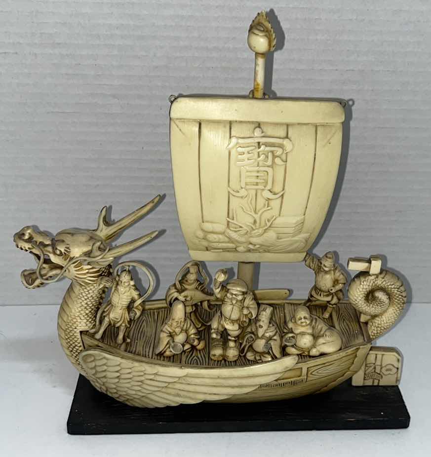 Photo 1 of VINTAGE DRAGON SHIP 7 IMMORTALS CARVED PLASTIC CELLULOID 3.25” X 9”