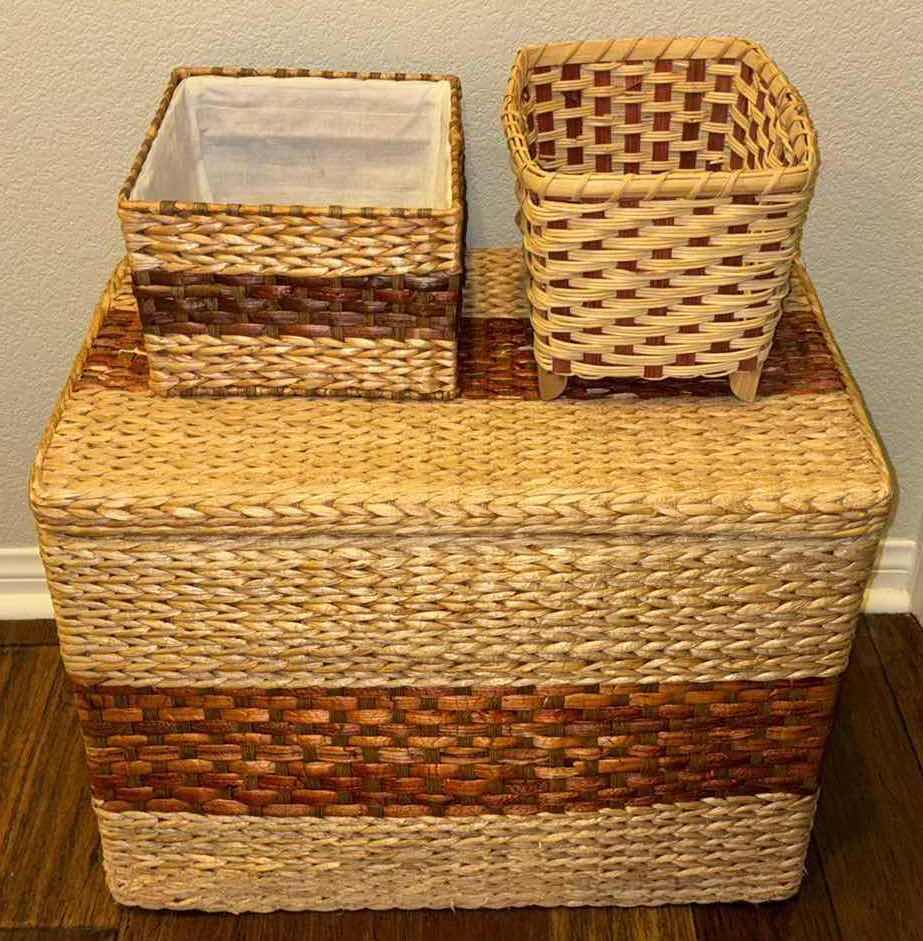 Photo 1 of HANDWOVEN STORAGE CHEST 15.5” x 24.25” H18”  & 2 SMALL STORAGE BASKETS