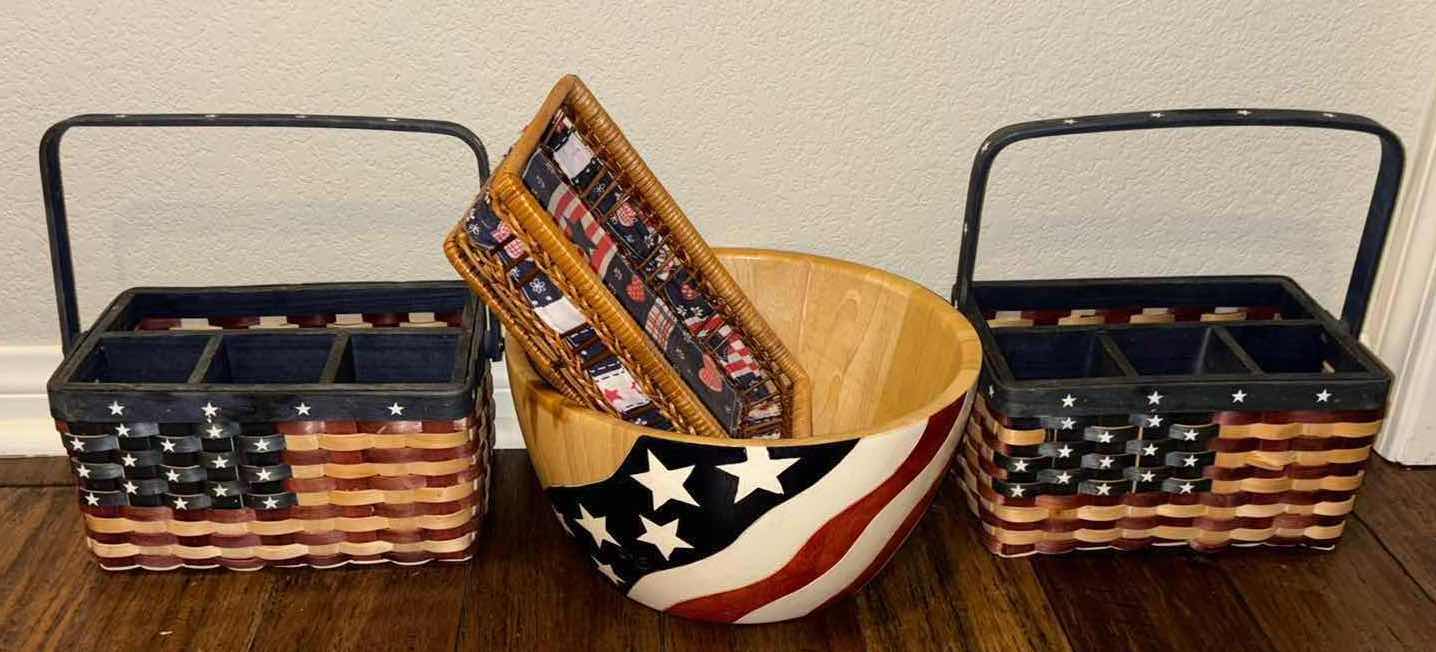 Photo 1 of AMERICAN FLAG WOODEN BOWL 12” x 12” H6.25” & 3 PATRIOTIC WICKER BASKETS