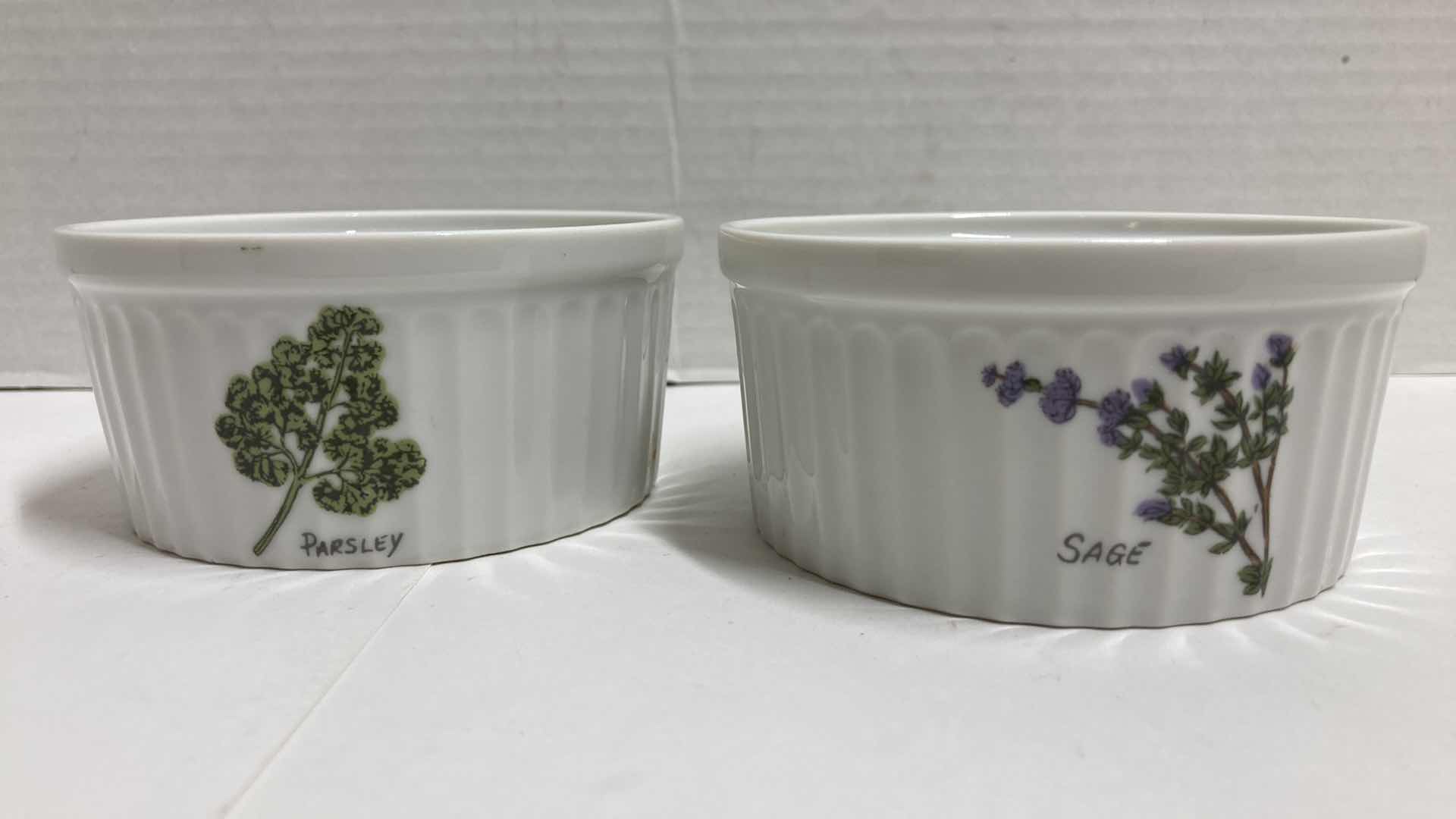 Photo 2 of CROWN EMPIRE HERB THEMED MINI PORCELAIN CASSEROLE DISHES (2) 4” X 2”