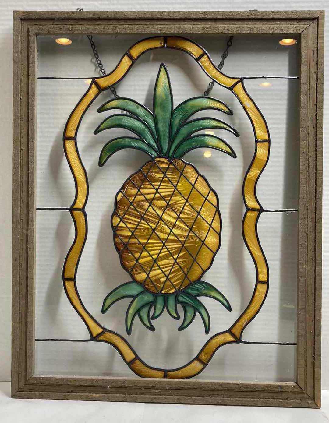Photo 1 of VINTAGE PINEAPPLE STAINED GLASS WOOD FRAMED WALL DECOR 16” X 20”