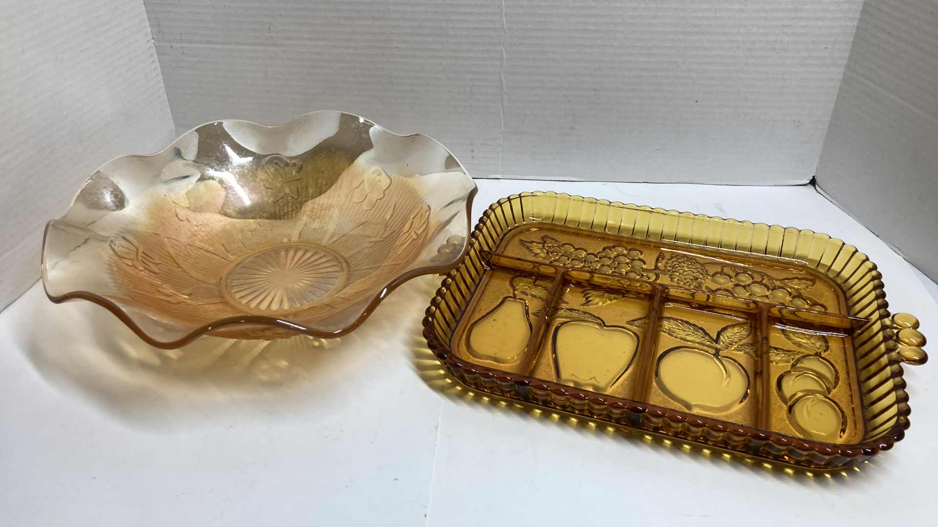Photo 1 of VINTAGE 11.5” MARIGOLD RUFFLED EDGE CARNIVAL GLASS BOWL & INDIANA AMBER GLASS CONDIMENT TRAY 12.5” X 8.5”