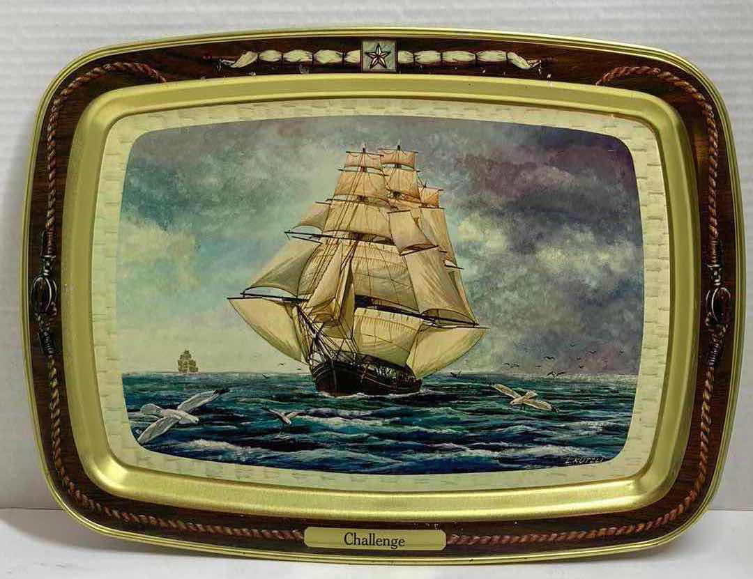 Photo 1 of CHALLENGE SHIP AT SEA TIN TRAY BY L.KUTZLI 14.5” X 11”