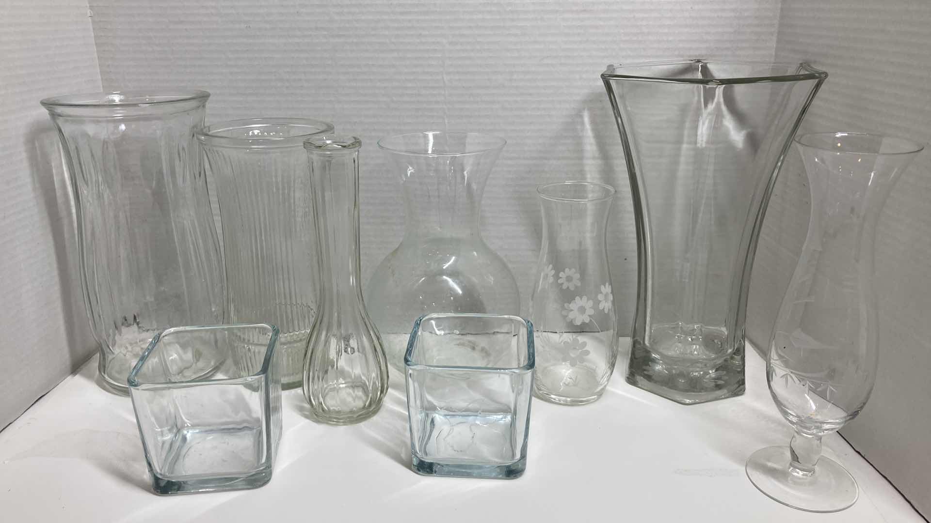 Photo 1 of CLEAR GLASS VASES- VARIOUS STYLES (9)