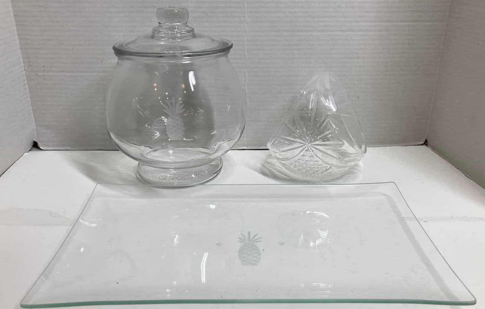 Photo 1 of PINEAPPLE THEMED CLEAR GLASS JAR, BOWL, PLATTER 13.75” X 7.75”