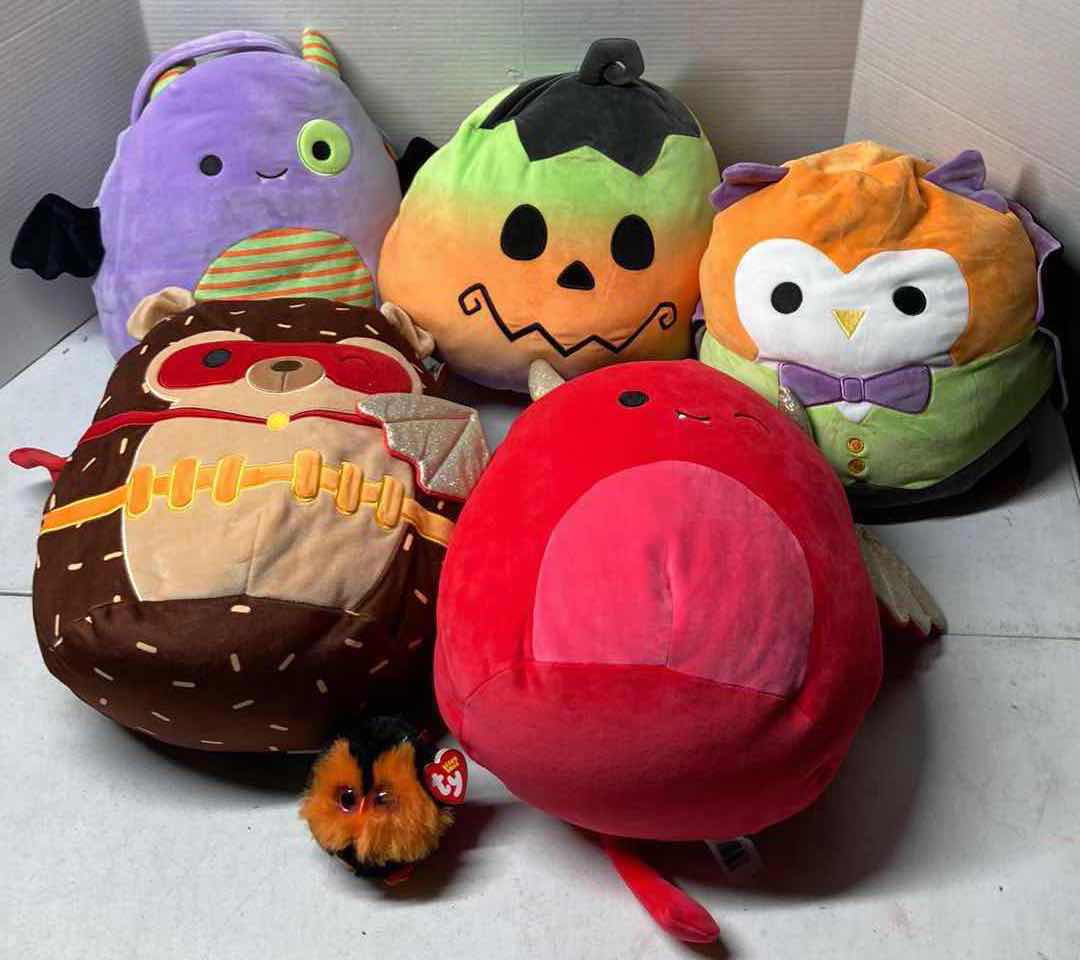 Photo 1 of NEW SQUISHMALLOWS 14” HALLOWEEN THEMED PLUSHIES (5) W TY 4” BEANIE BALL