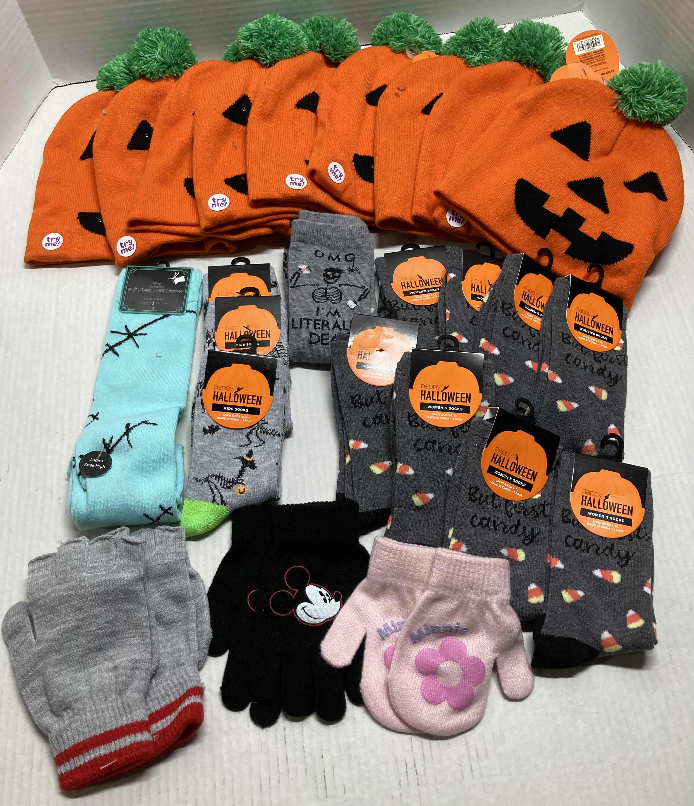 Photo 1 of NEW HAPPY HALLOWEEN LIGHT-UP BEANIES (10), SOCKS (13) & GLOVES (3) SET