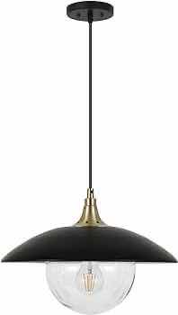 Photo 1 of NEW ALVIA WIDE MATTE BLACK METAL/ BRASS FINISH SHADE & GLASS PENDANT LIGHT MODEL PD0076