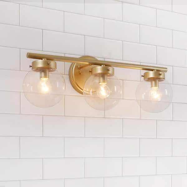 Photo 1 of NEW UOLFIN FARMHOUSE MODERN 3 LIGHT GOLD FINISH CLEAR GLASS GLOBE BATHROOM VANITY WALL MOUNT LIGHT MODEL A03595