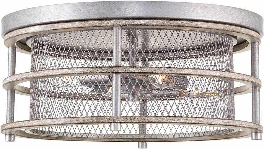 Photo 1 of NEW KIRA HOME LIMERICK FARMHOUSE BLEACHED OAK WOOD GALVANIZED STEEL FINISH WIRE CAGE DESIGN 4 LIGHT FLUSH MOUNT CEILING LIGHT MODEL RV-CF6214-4-GV+WBO