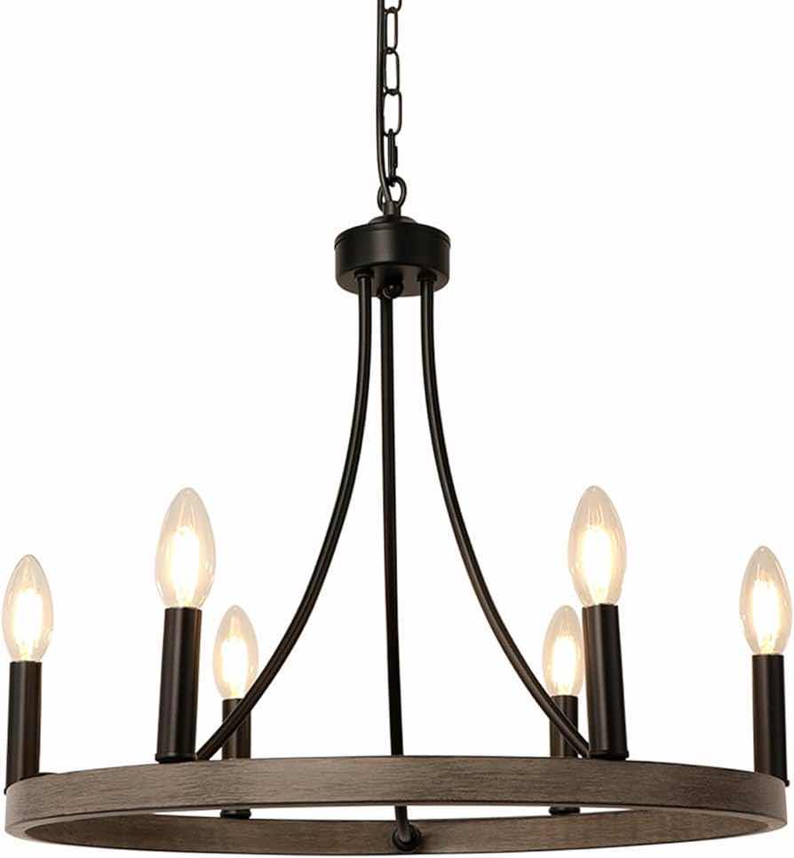 Photo 1 of NEW WBINDX RUSTIC FARMHOUSE WAGON WHEEL RUSTIC WOOD & BLACK FINISH CHANDELIER CEILING LIGHT MODEL D0030-6