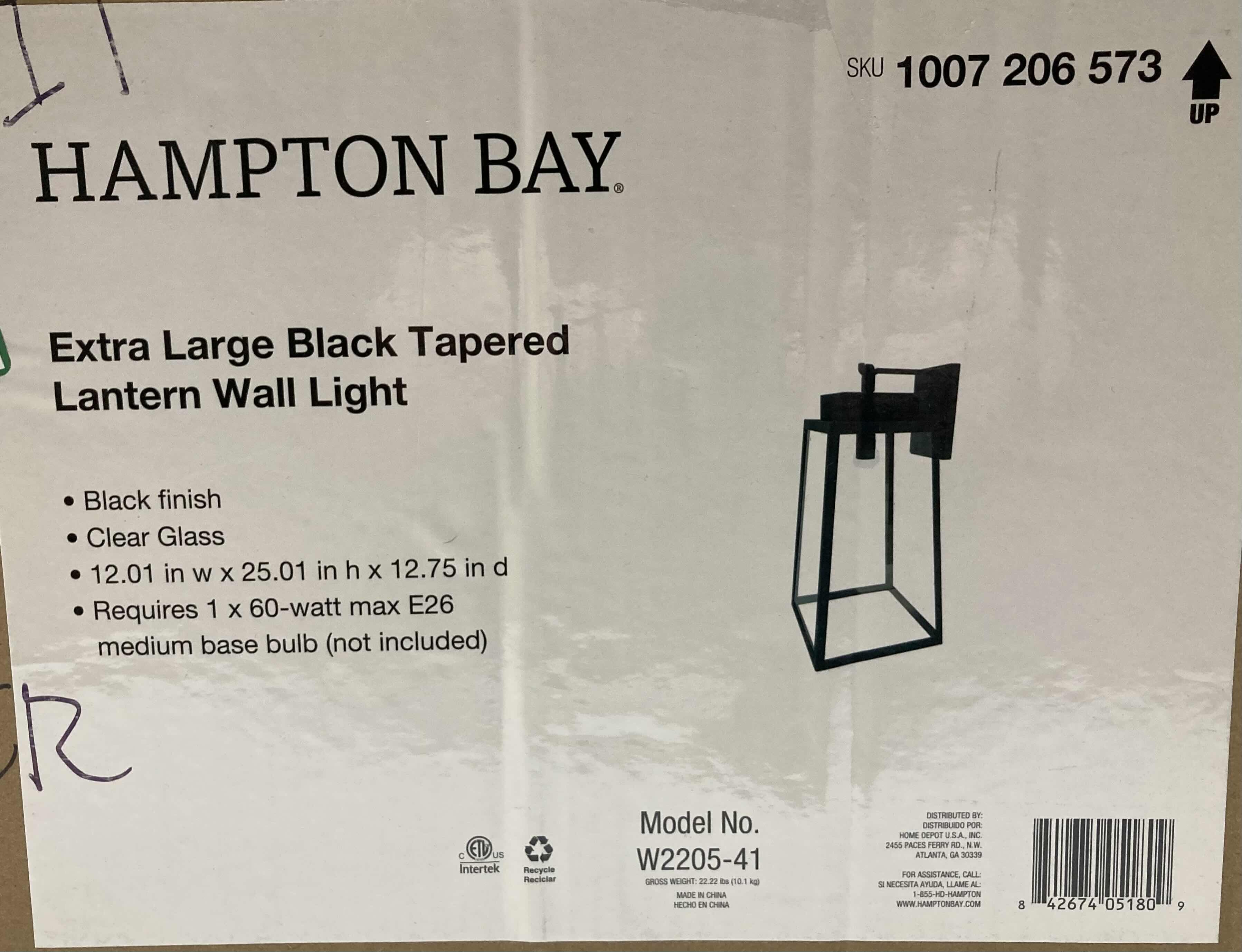 Photo 4 of NEW HAMPTON BAY EXTRA LARGE BLACK TAPERED LANTERN WALL LIGHT MODEL W2205-41