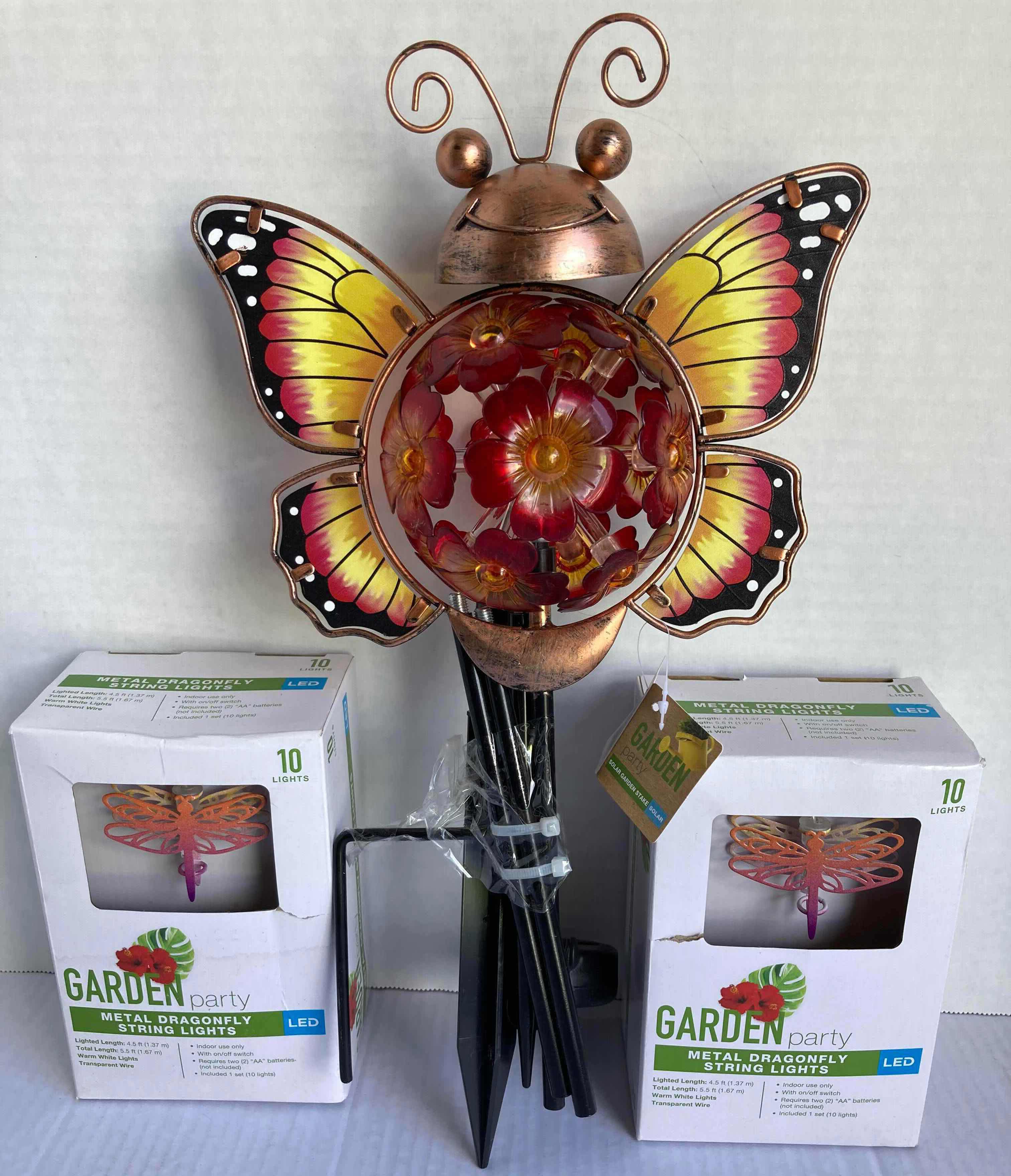 Photo 1 of NEW GARDEN PARTY BUTTERFLY SOLAR GARDEN STAKE & METAL DRAGONFLY LED STRING LIGHTS (2)