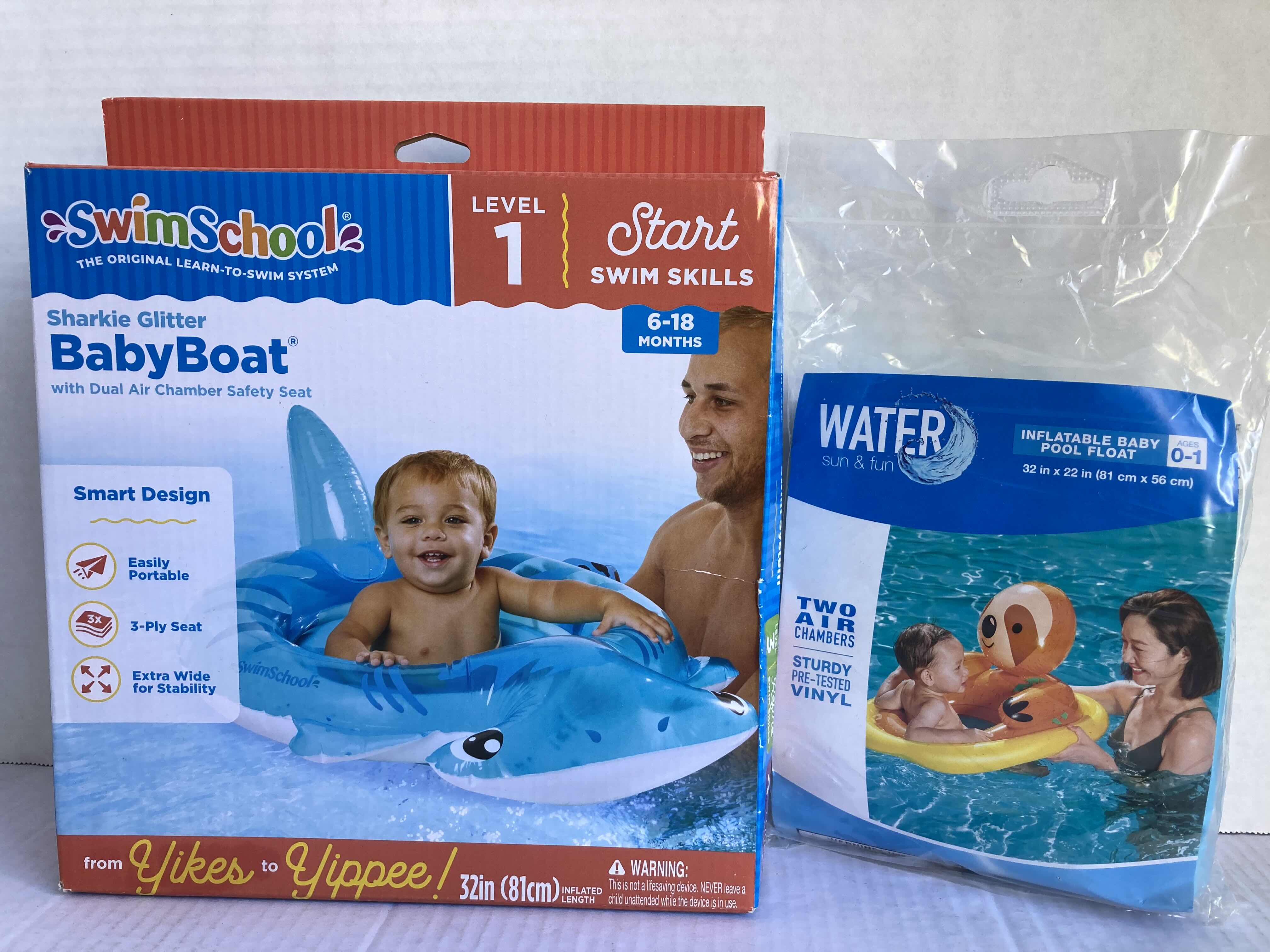 Photo 1 of NEW SWIM SCHOOL SHARKIE GLITTER BABY BOAT & WATER SUN & FUN SLOTH BABY POOL FLOAT