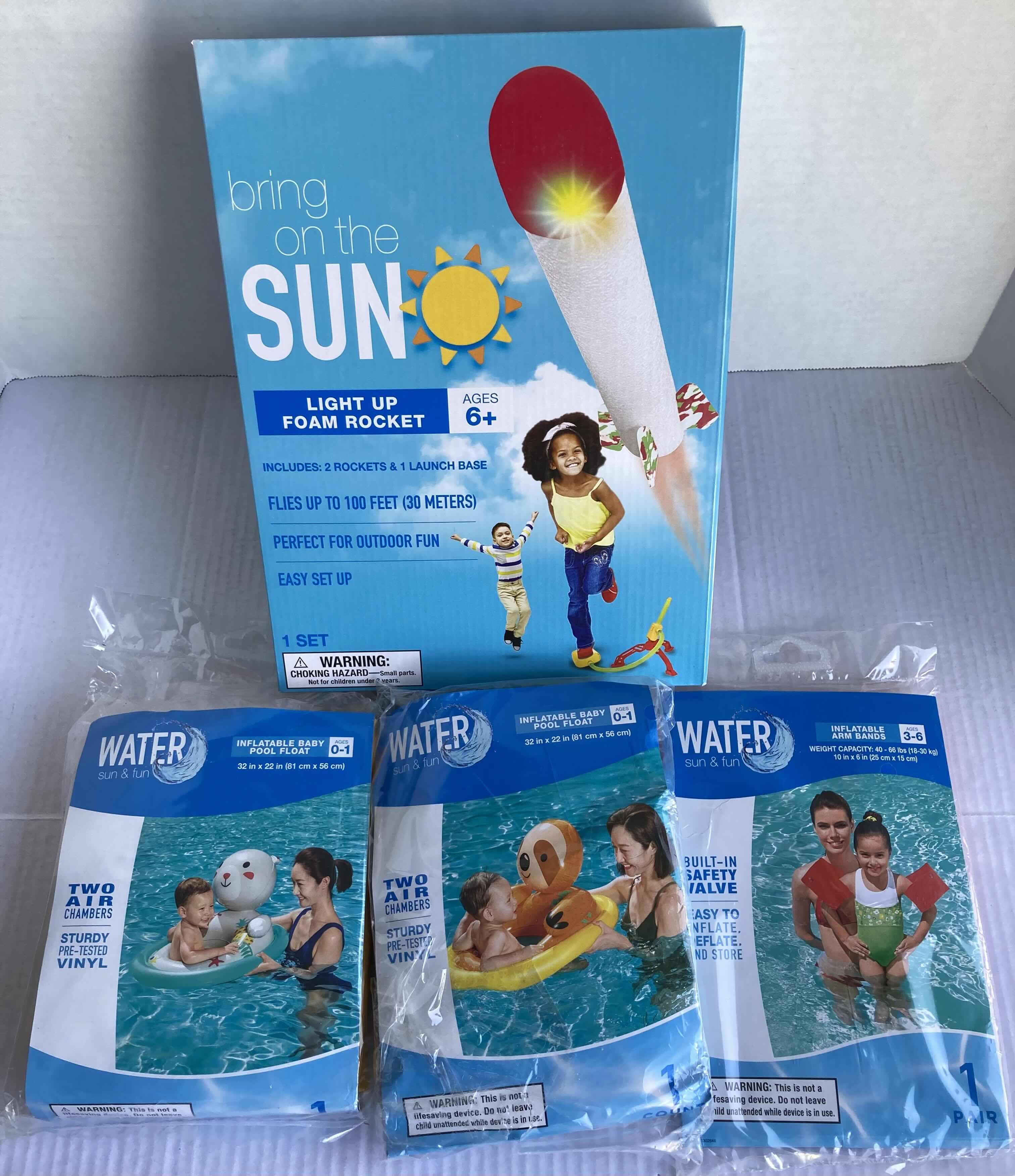 Photo 1 of NEW BRING THE SUN LIGHT UP FOAM ROCKET W WATER SUN & FUN BABY FLOAT (2) & TOT INFLATABLE ARM BANDS