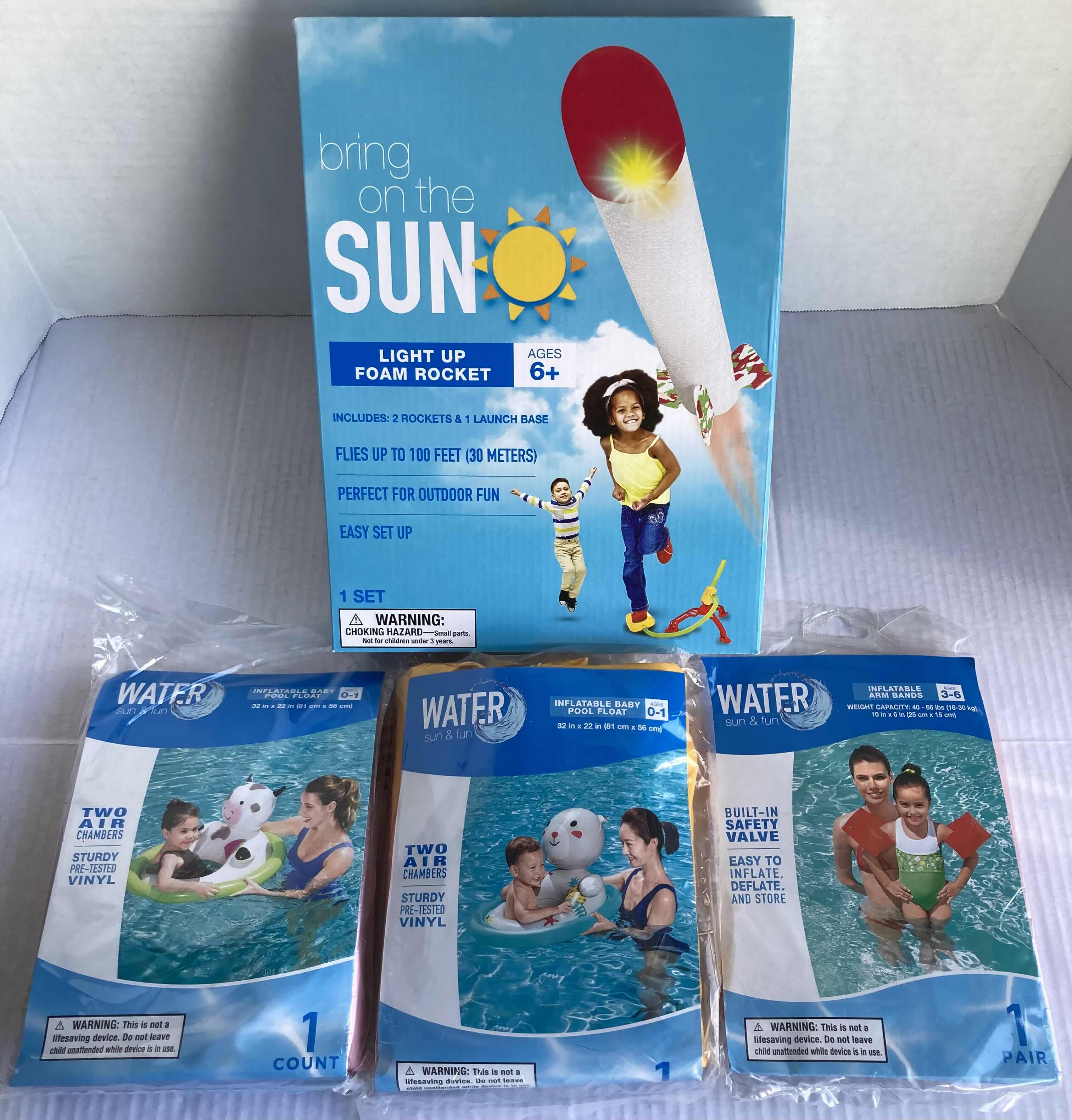 Photo 1 of NEW BRING THE SUN LIGHT UP FOAM ROCKET W WATER SUN & FUN BABY FLOAT (2) & TOT INFLATABLE ARM BANDS