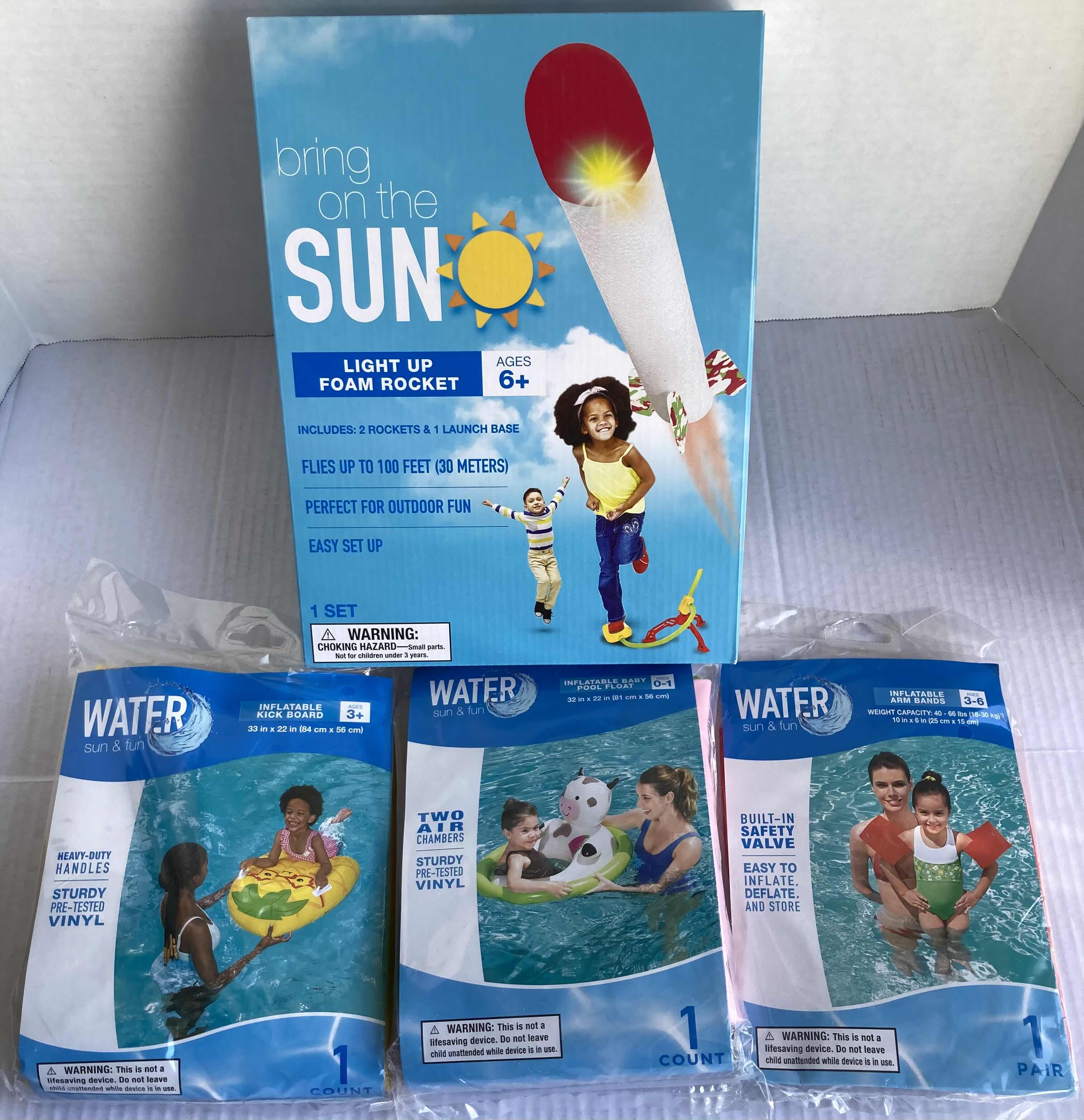 Photo 1 of NEW BRING THE SUN LIGHT UP FOAM ROCKET W WATER SUN & FUN BABY FLOAT (2) & TOT INFLATABLE ARM BANDS