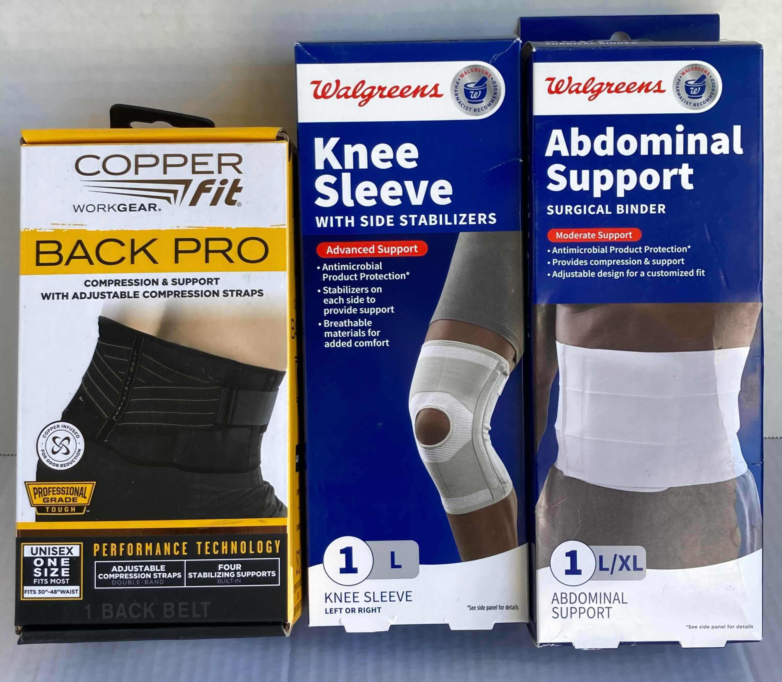 Photo 1 of NEW COPPER-FIT PRO COMPRESSION SUPPORT BACK BRACE ONE SIZE W WALGREENS KNEE SLEEVE LG & ABDOMINAL SUPPORT LG-XL