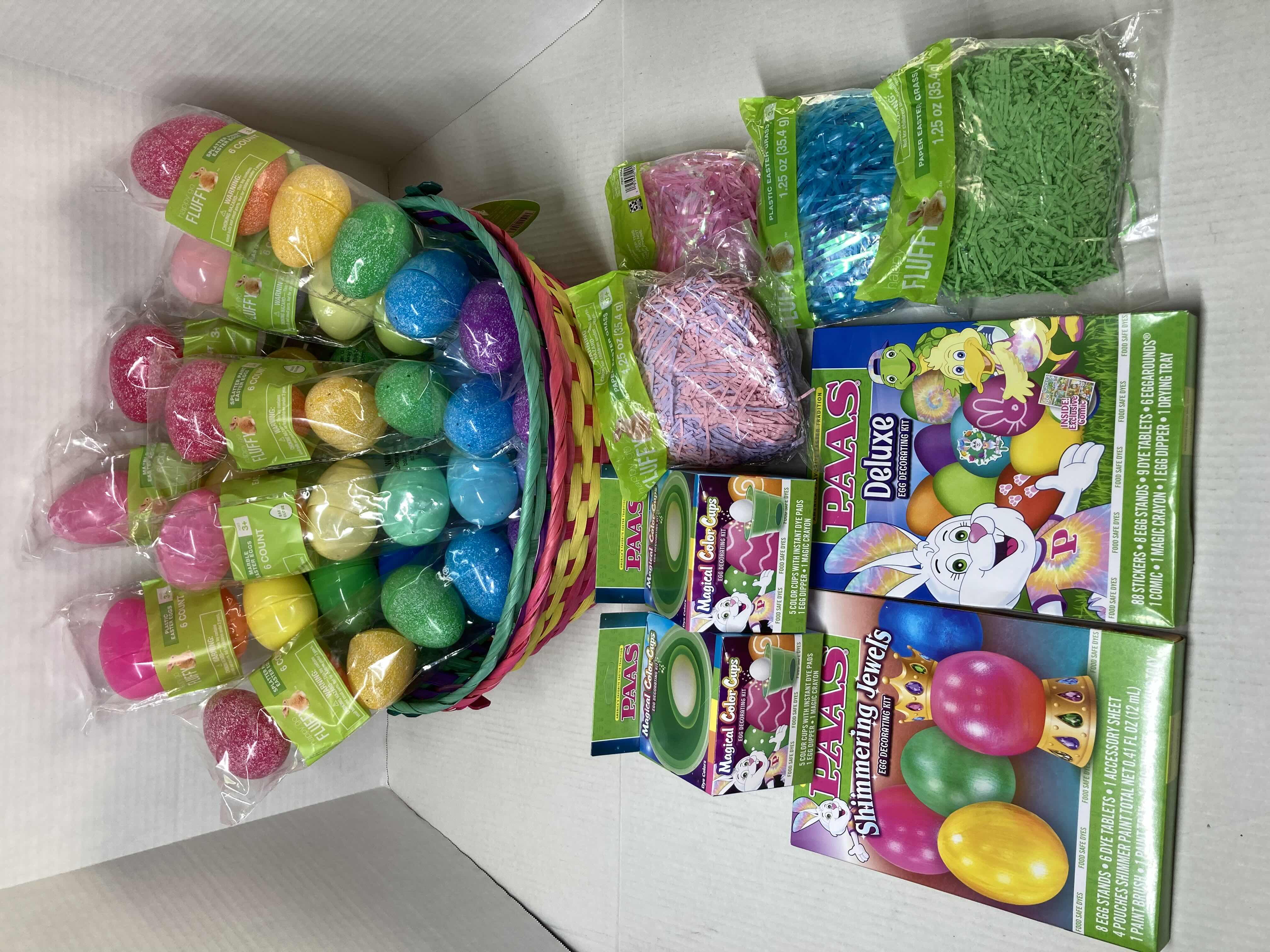 Photo 1 of NEW EASTER 2 BASKET SET- PLASTIC EGGS 6PACK (8), EGG DYE (4) EASTER GRASS (4)