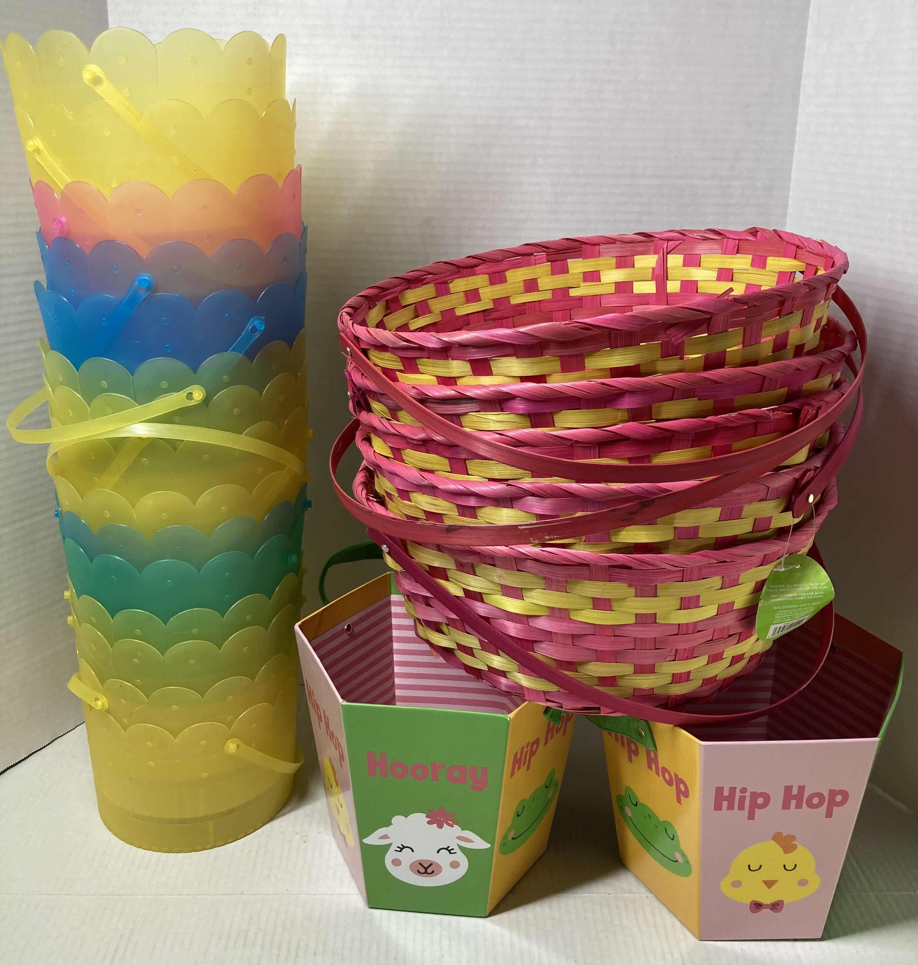 Photo 1 of NEW EASTER BASKETS- MULTI-COLOR PLASTIC BASKETS (15), ANIMAL FACE BASKETS (2), PINK WICKER BASKETS (5)