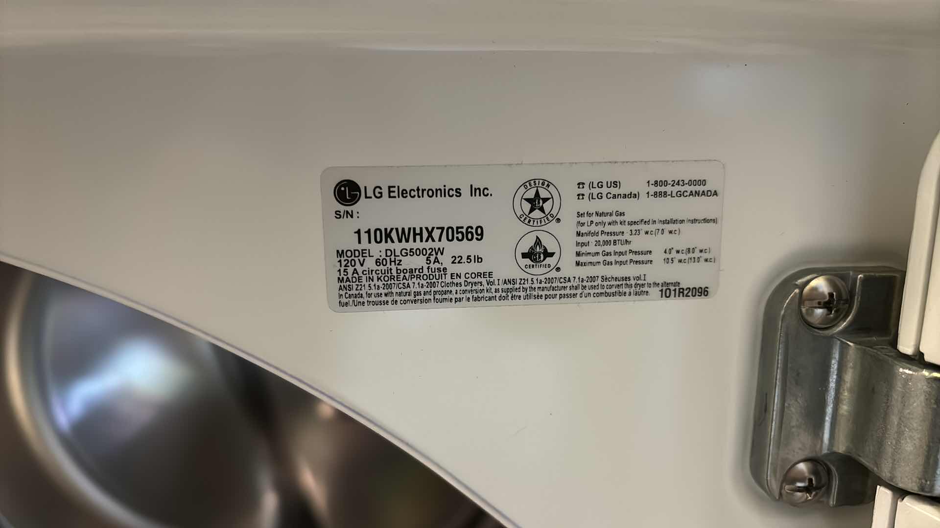 Photo 6 of LG 7.3 CU FT ULTRA LARGE CAPACITY DRYER W NEVERUS STEEL DRUM (MODEL DLG5002W)