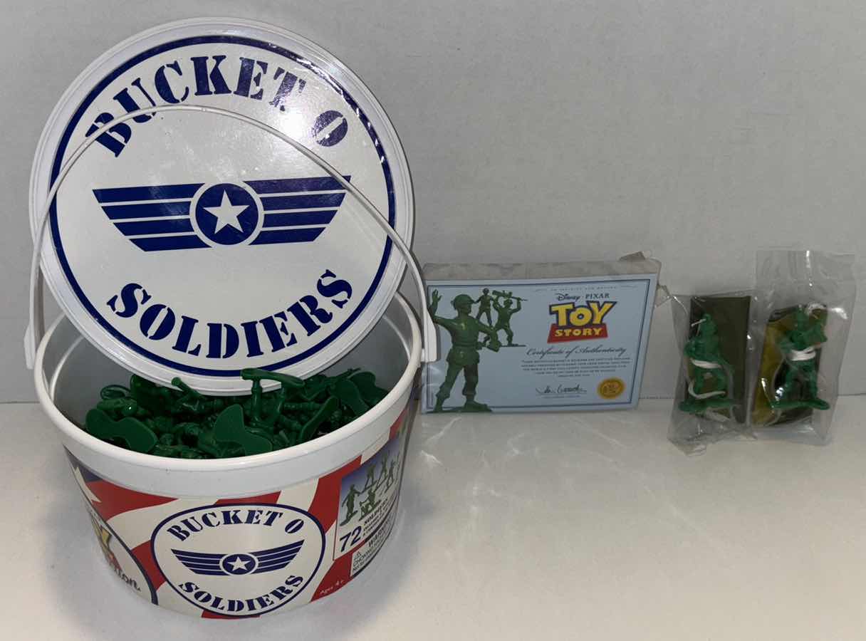 Photo 1 of NEW DISNEY PIXAR TOY STORY BUCKET O SOLDIERS (72 SOLDIERS, 2 W/PARACHUTES & CERTIFICATE OF AUTHENTICITY)