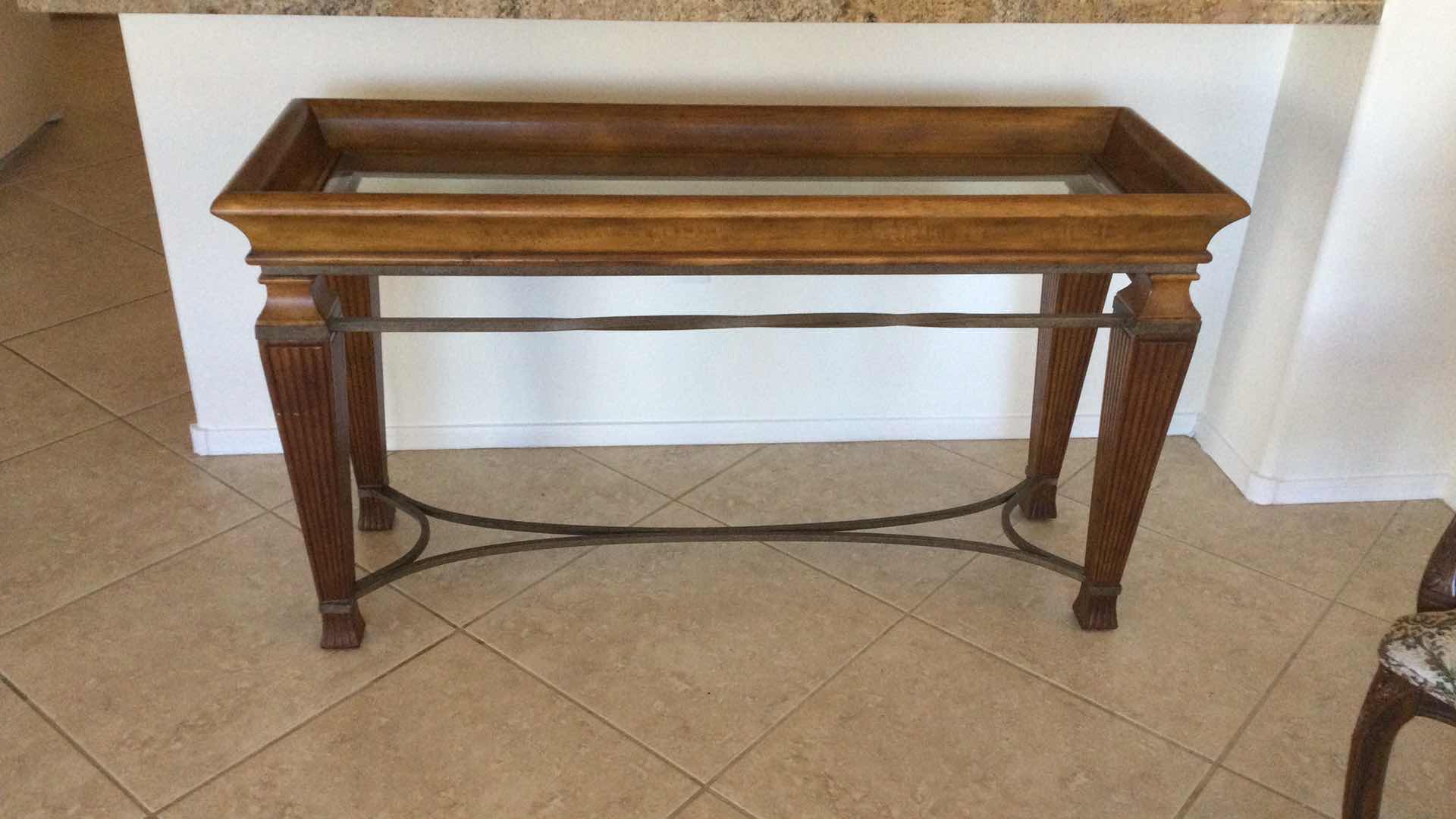 Photo 1 of SOFA TABLE WOOD W/ SCULPTED METAL &  BEVELED GLASS TOP 52” X 18” H29”