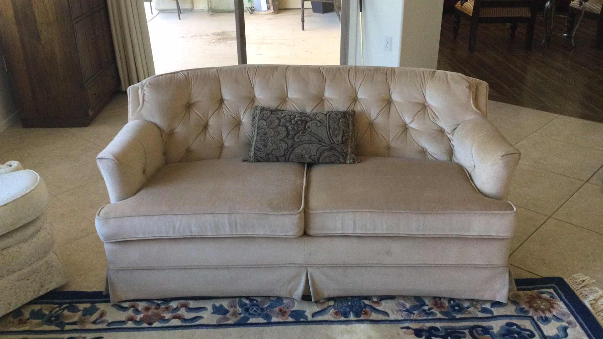 Photo 1 of UPHOLSTERED TAN BUTTON TUFTED LOVE SEAT 5’ X 3’