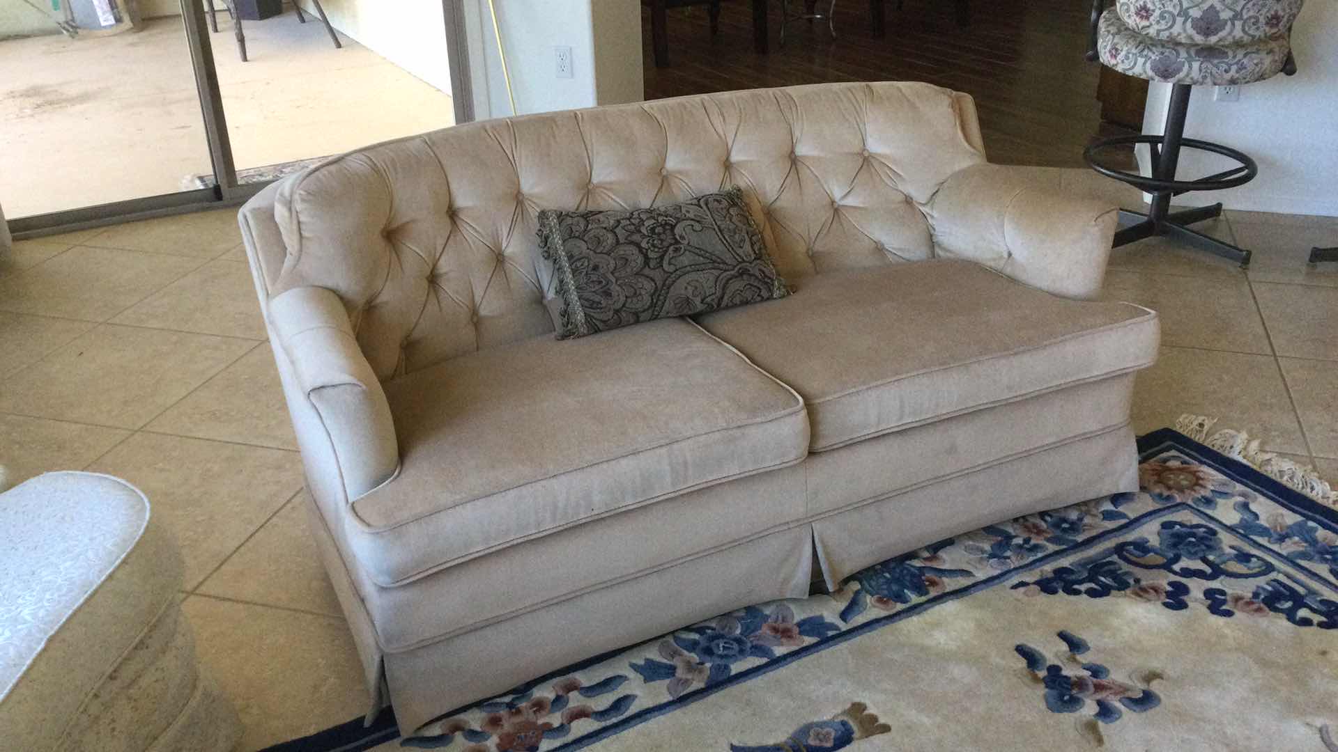 Photo 2 of UPHOLSTERED TAN BUTTON TUFTED LOVE SEAT 5’ X 3’