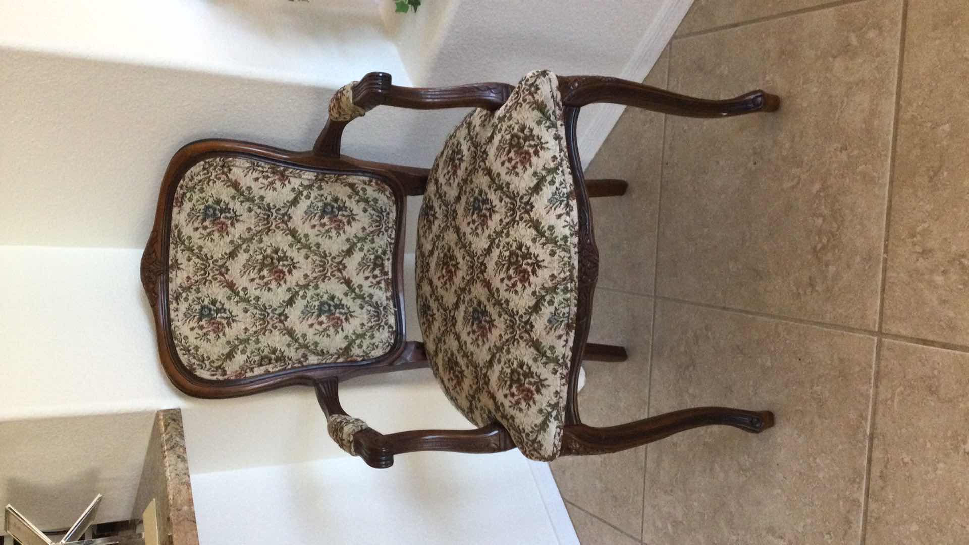 Photo 1 of CARVED WOOD ARM CHAIR W/FLORAL FABRIC SEAT, BACK & ARM PROTECTORS