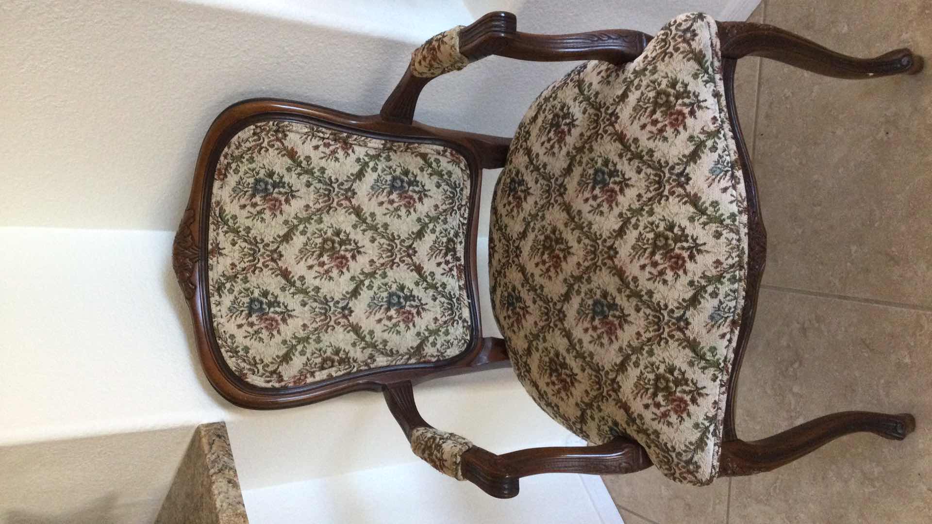 Photo 2 of CARVED WOOD ARM CHAIR W/FLORAL FABRIC SEAT, BACK & ARM PROTECTORS