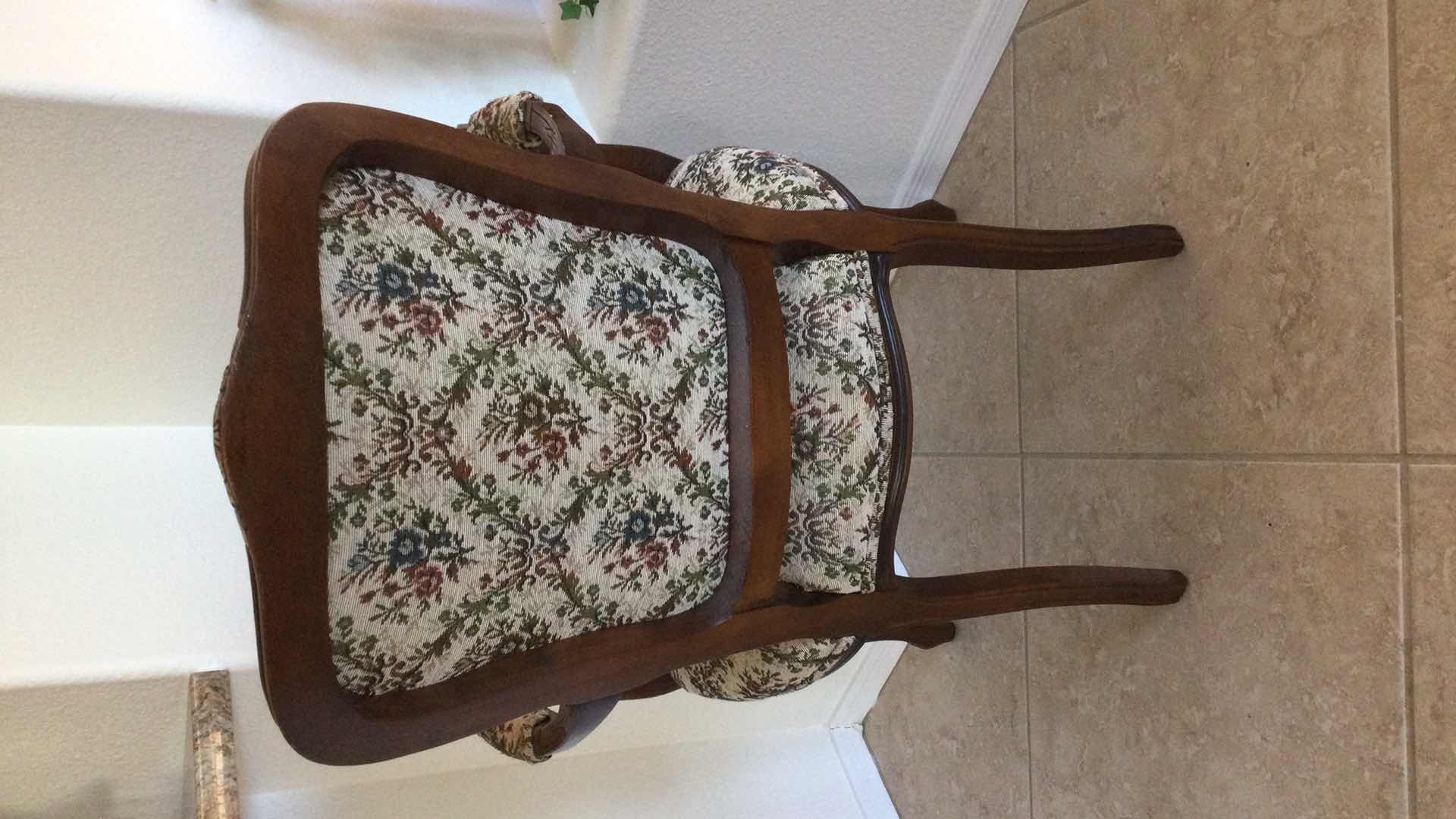 Photo 4 of CARVED WOOD ARM CHAIR W/FLORAL FABRIC SEAT, BACK & ARM PROTECTORS