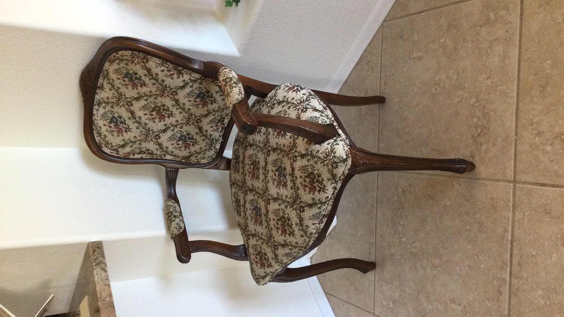 Photo 3 of CARVED WOOD ARM CHAIR W/FLORAL FABRIC SEAT, BACK & ARM PROTECTORS