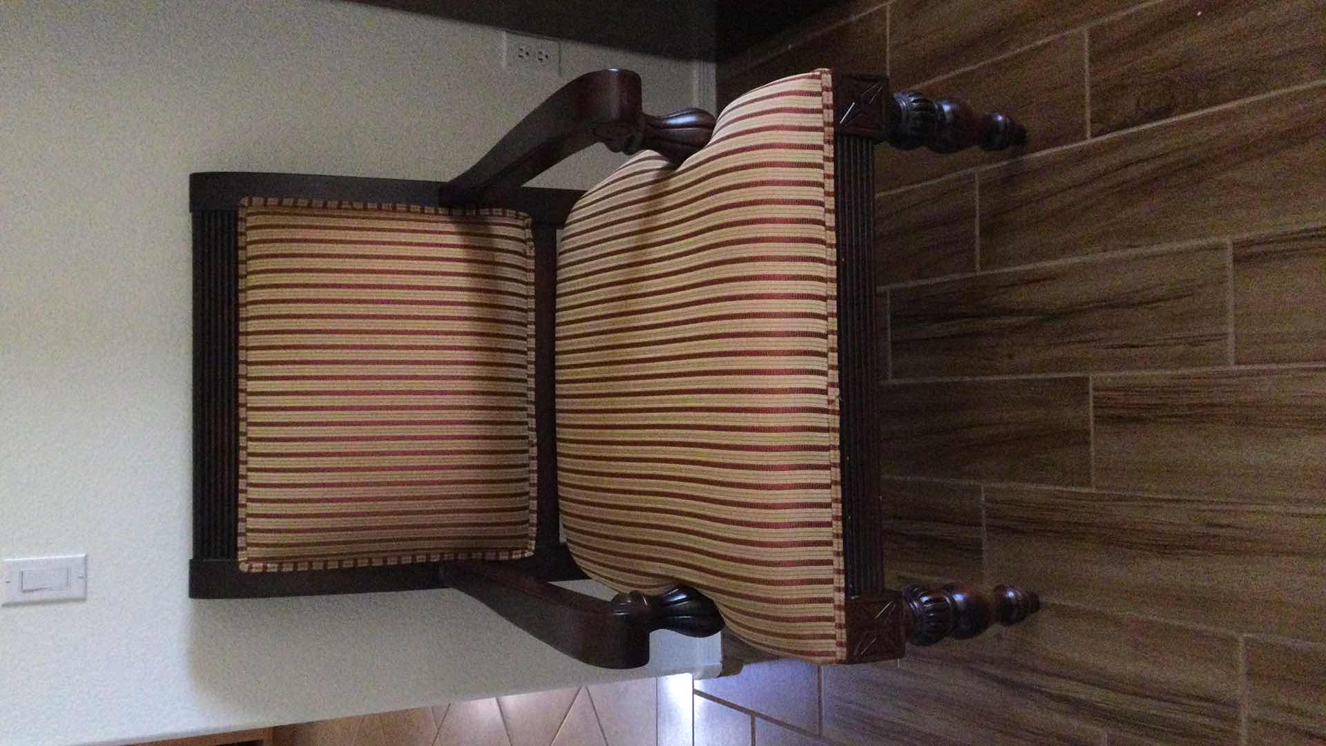 Photo 1 of ITALIAN CONCEPTS CARVED WOOD W/ STRIPED FABRIC BACK & SEAT OVERSIZED ARM CHAIR