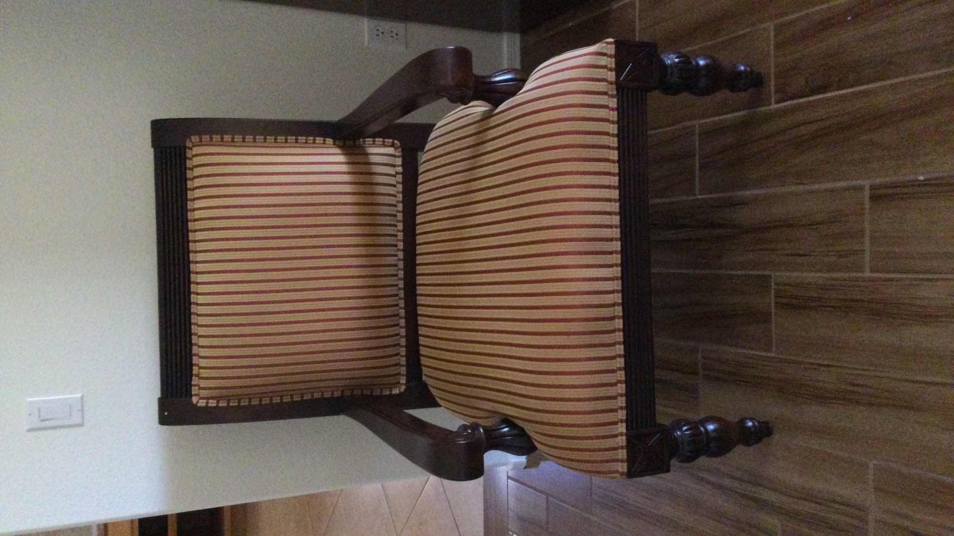 Photo 2 of ITALIAN CONCEPTS CARVED WOOD W/ STRIPED FABRIC BACK AND SEAT OVERSIZED ARM CHAIR