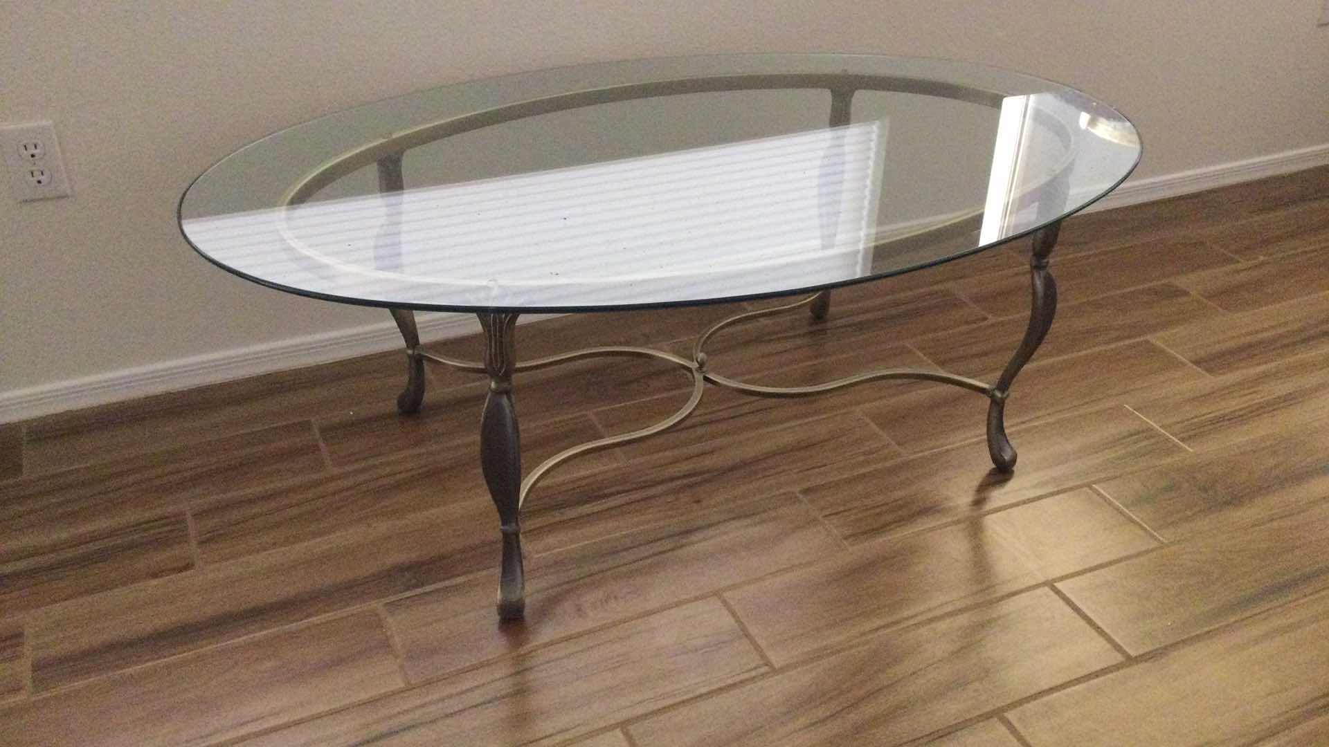 Photo 3 of COFFEE TABLE  SCULPTED METAL W/ GLASS TOP OVAL 52” X 33” H 18.5”