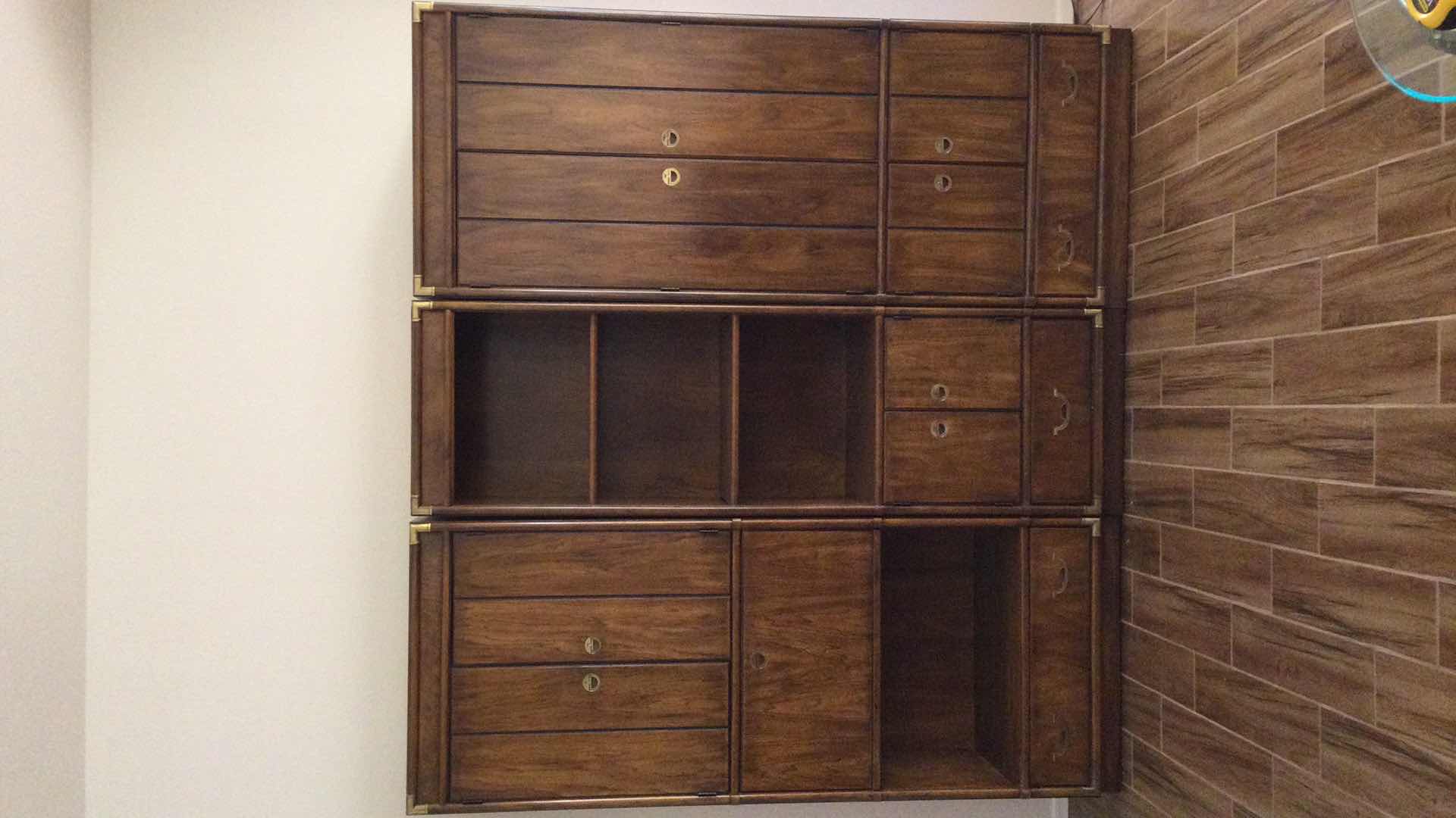 Photo 7 of VINTAGE DREXEL HERITAGE WOOD W/BRASS HARDWARE BAR CABINET (CONTENTS INCL. ) BAR WARE 31.5” X 19” H 79.5”