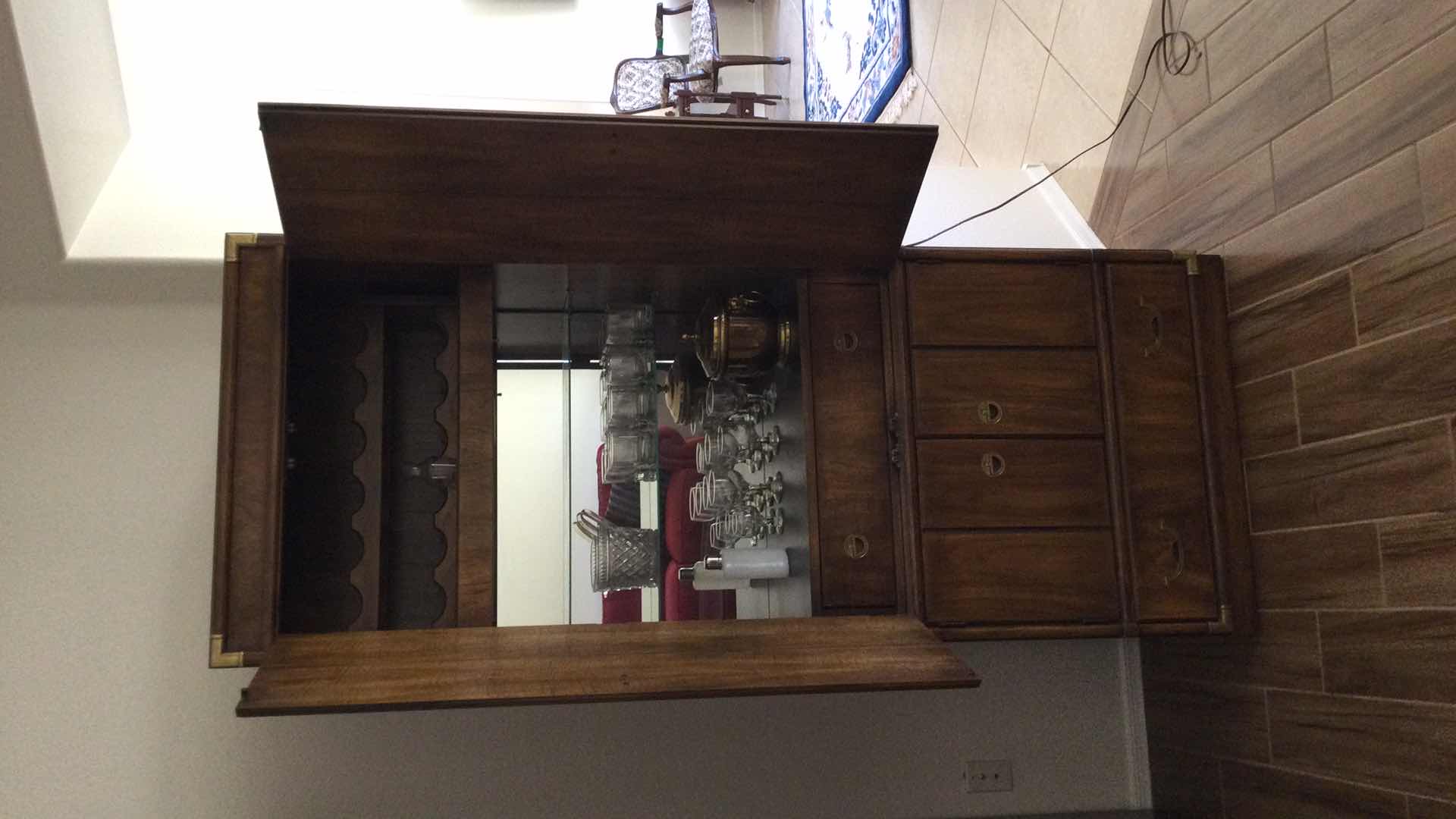 Photo 2 of VINTAGE DREXEL HERITAGE WOOD W/BRASS HARDWARE BAR CABINET (CONTENTS INCL. ) BAR WARE 31.5” X 19” H 79.5”