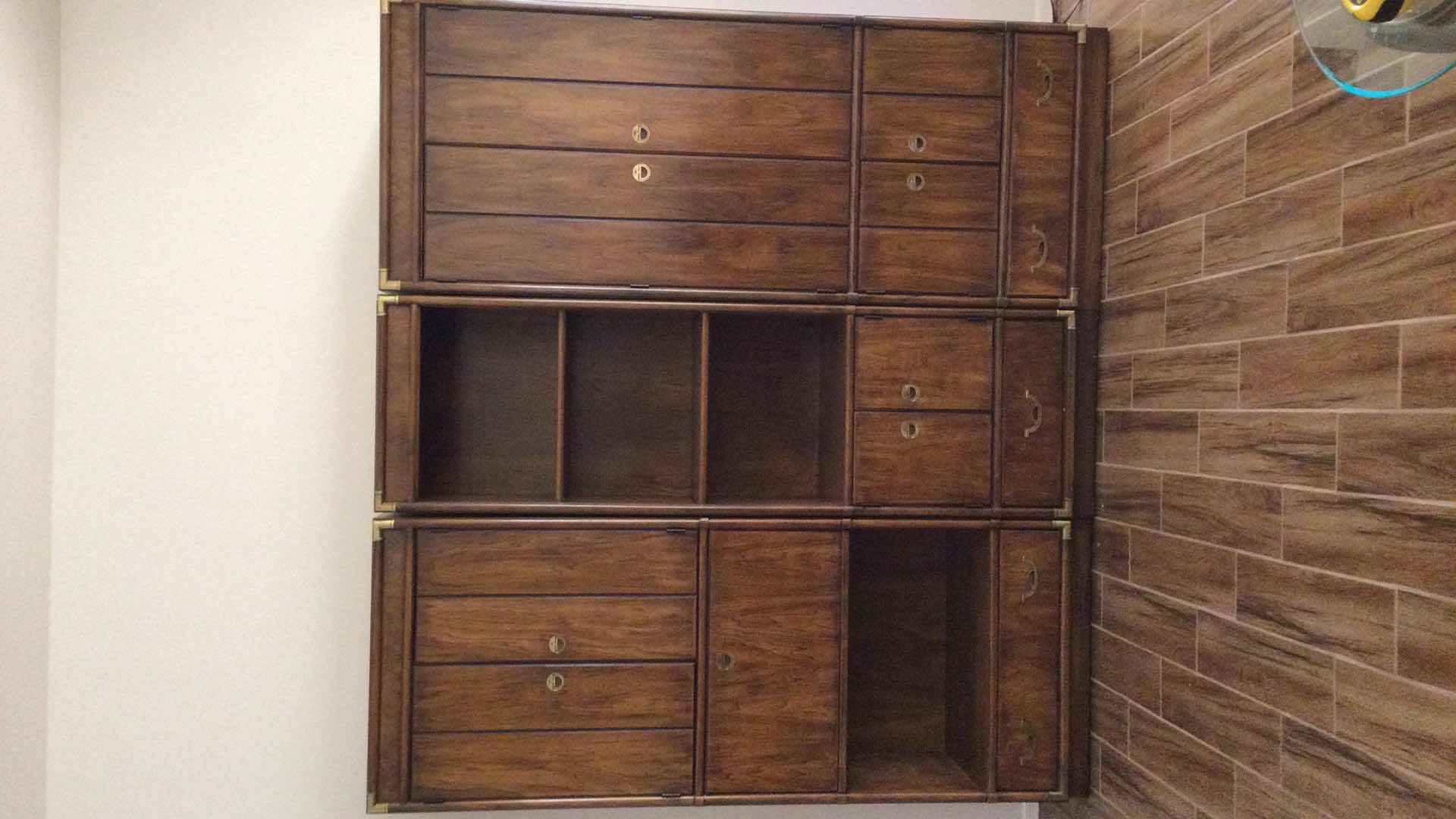 Photo 5 of VINTAGE DREXEL HERITAGE WOOD W/ BRASS HARDWARE CABINET W. 2-ADJUSTABLE SHELVES, CUPBOARD & DRAWER 31.5” X 19” H 79.5”