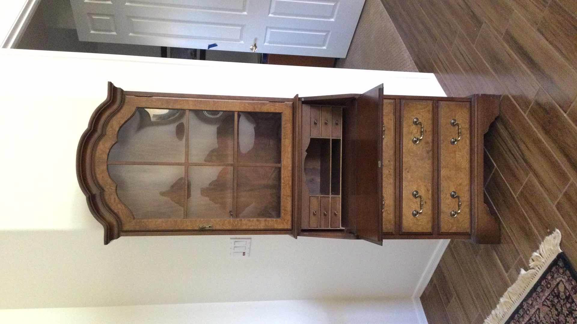 Photo 2 of VINTAGE JASPER CABINETS BURL WOOD SECRETARY 3-DRAWER W/ GLASS DOORS AND SHELVES CABINET 26” X 16” H77”