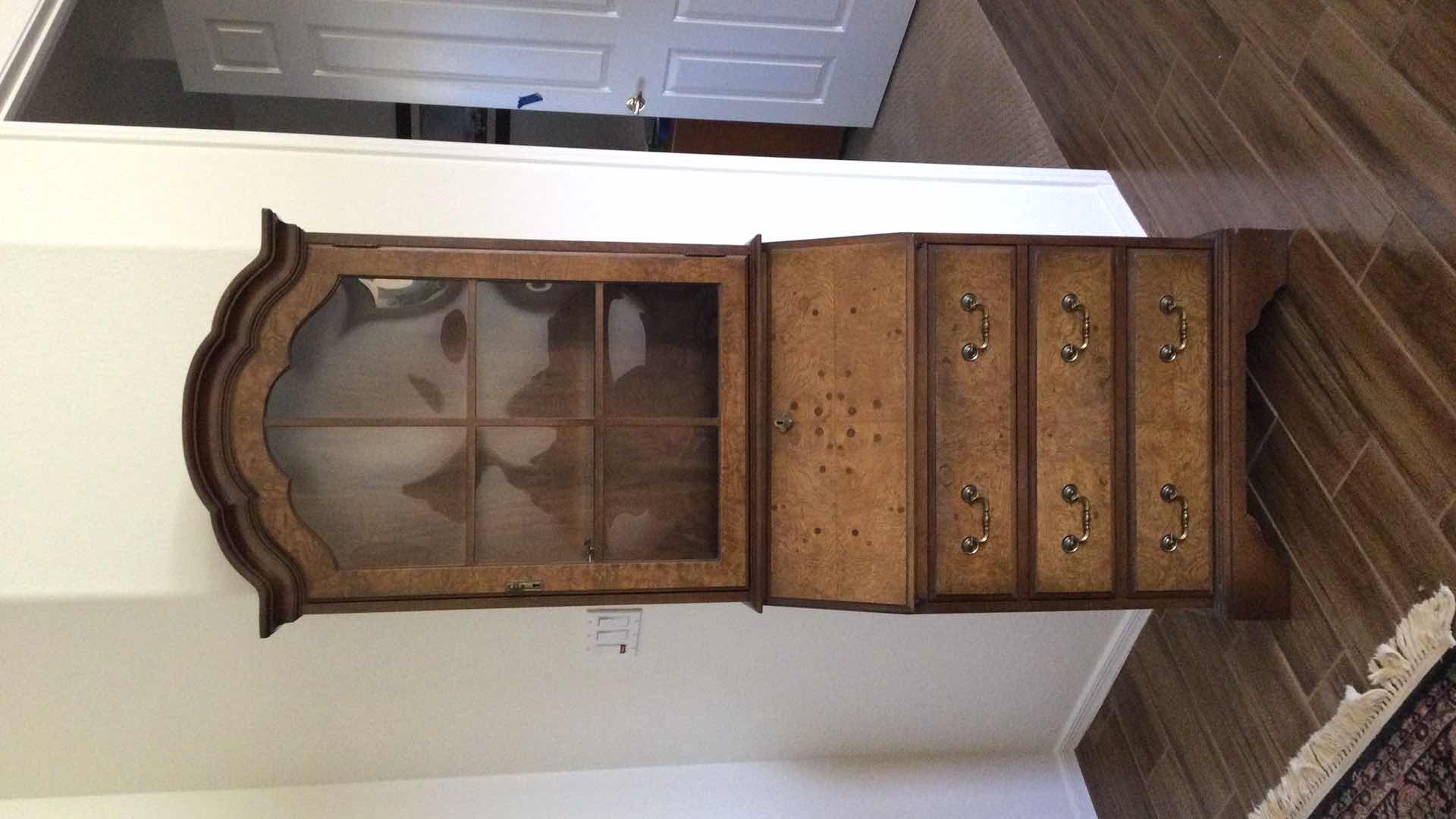 Photo 1 of VINTAGE JASPER CABINETS BURL WOOD SECRETARY 3-DRAWER W/ GLASS DOORS AND SHELVES CABINET 26” X 16” H77”