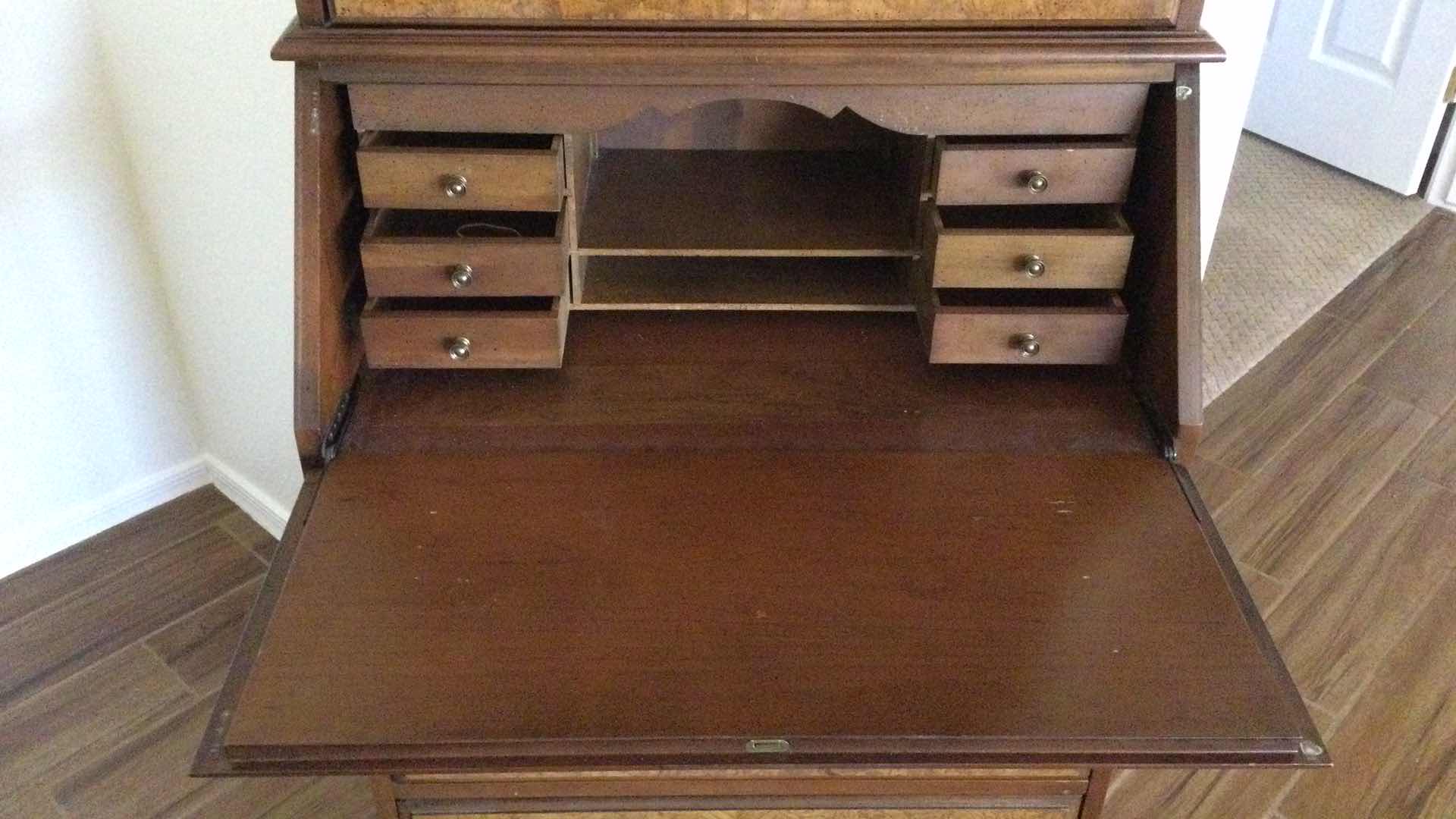 Photo 4 of VINTAGE JASPER CABINETS BURL WOOD SECRETARY 3-DRAWER W/ GLASS DOORS AND SHELVES CABINET 26” X 16” H77”