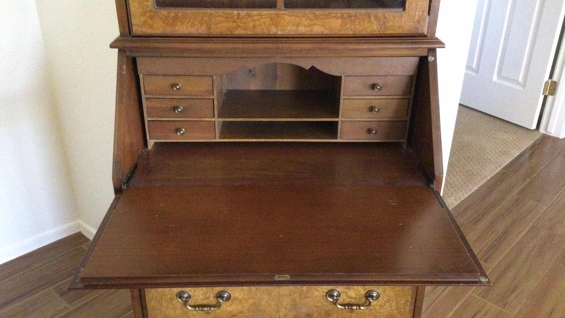 Photo 3 of VINTAGE JASPER CABINETS BURL WOOD SECRETARY 3-DRAWER W/ GLASS DOORS AND SHELVES CABINET 26” X 16” H77”