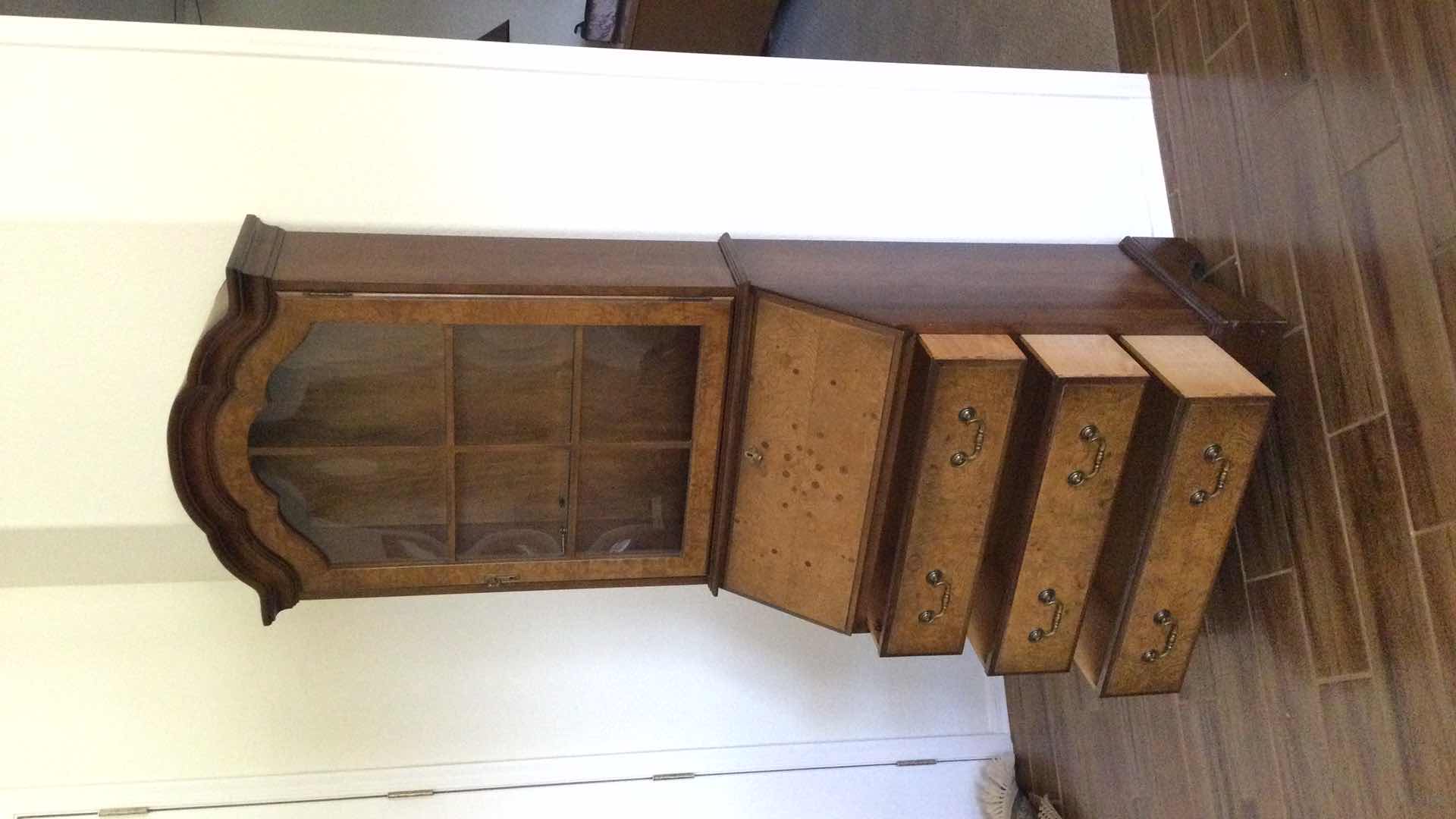 Photo 6 of VINTAGE JASPER CABINETS BURL WOOD SECRETARY 3-DRAWER W/ GLASS DOORS AND SHELVES CABINET 26” X 16” H77”