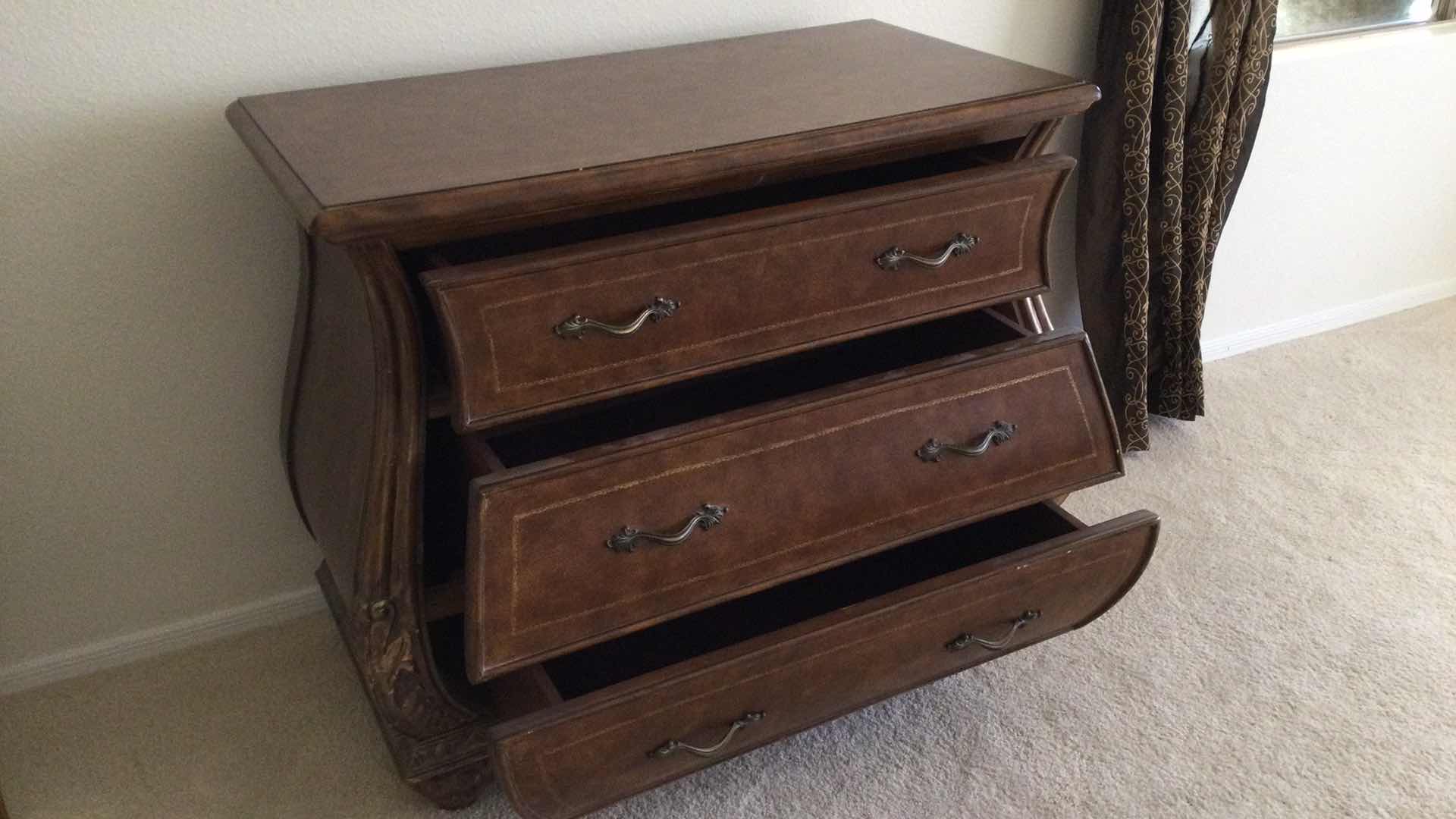 Photo 3 of CARVED WOOD BOMBAY STYLE CHEST OF 3 DRAWERS 38.5” X 20” H 33”