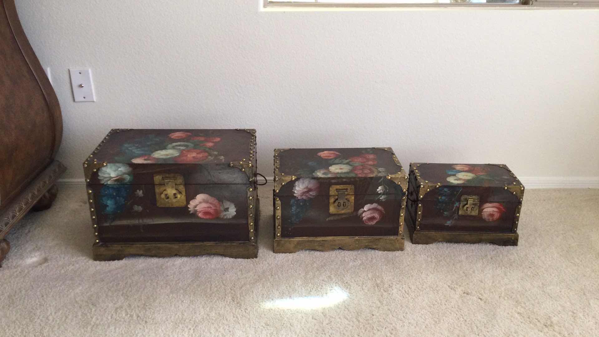 Photo 3 of HAND PAINTED WOOD NESTING BOXES W/BRASS HARDWARE (3)